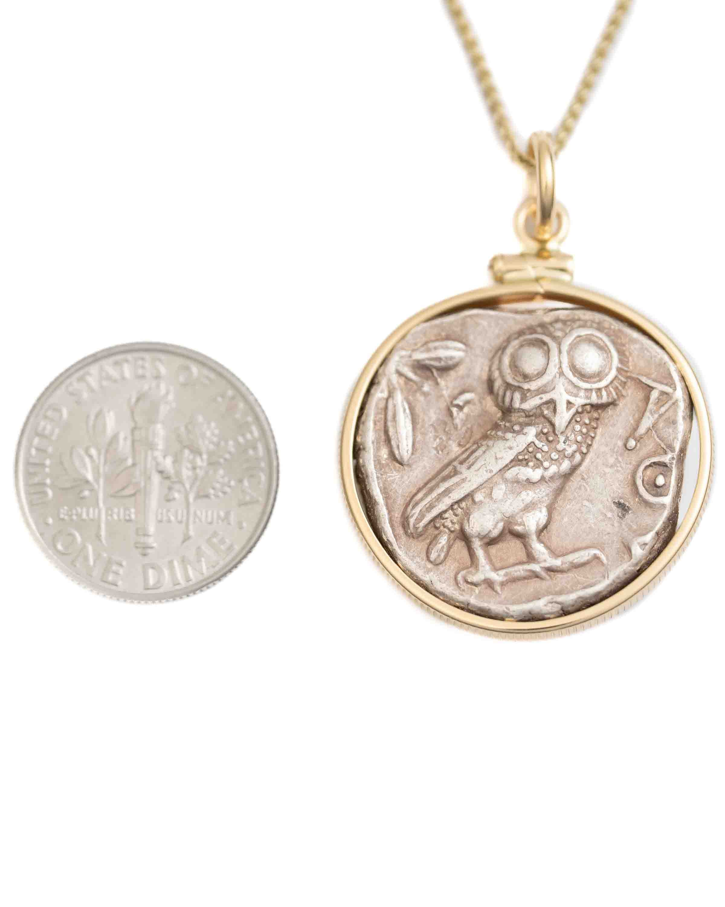 14k Gold Genuine Ancient Greek Coin Necklace (Athena/Owl; 454-404 B.C.)