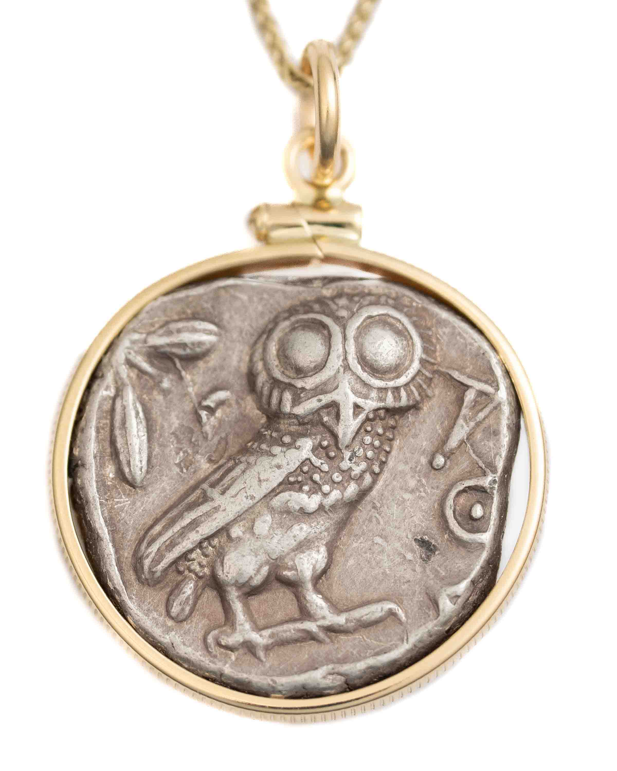 14k Gold Genuine Ancient Greek Coin Necklace (Athena/Owl; 454-404 B.C.)