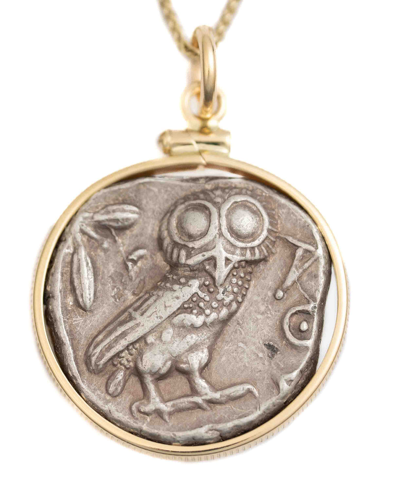 14k Gold Genuine Ancient Greek Coin Necklace (Athena/Owl; 454-404 B.C.)