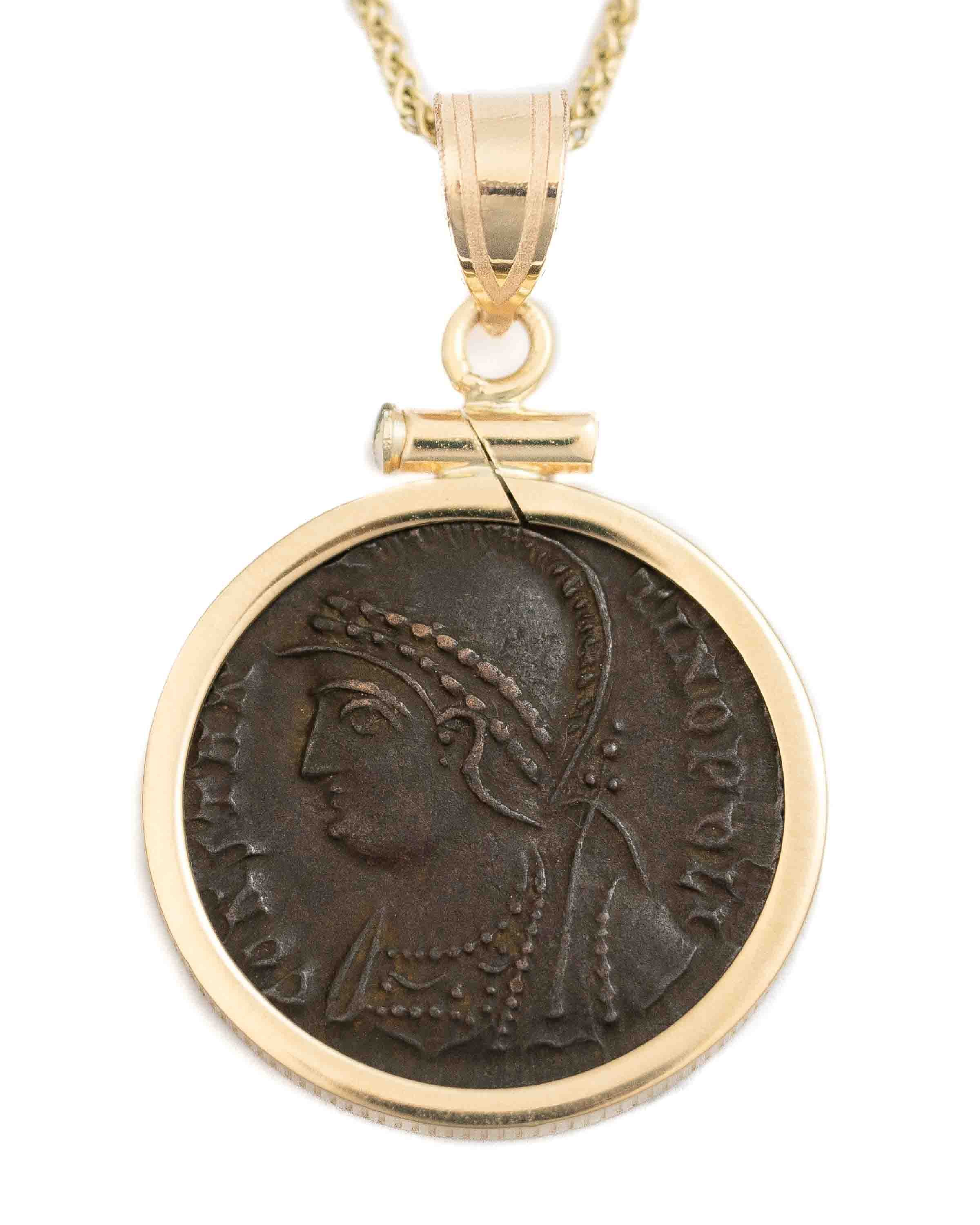 14k Gold Genuine Ancient Constantinople Commemorative Coin Necklace (Constantinopolis/Winged Victory; 330-354 A.D.)
