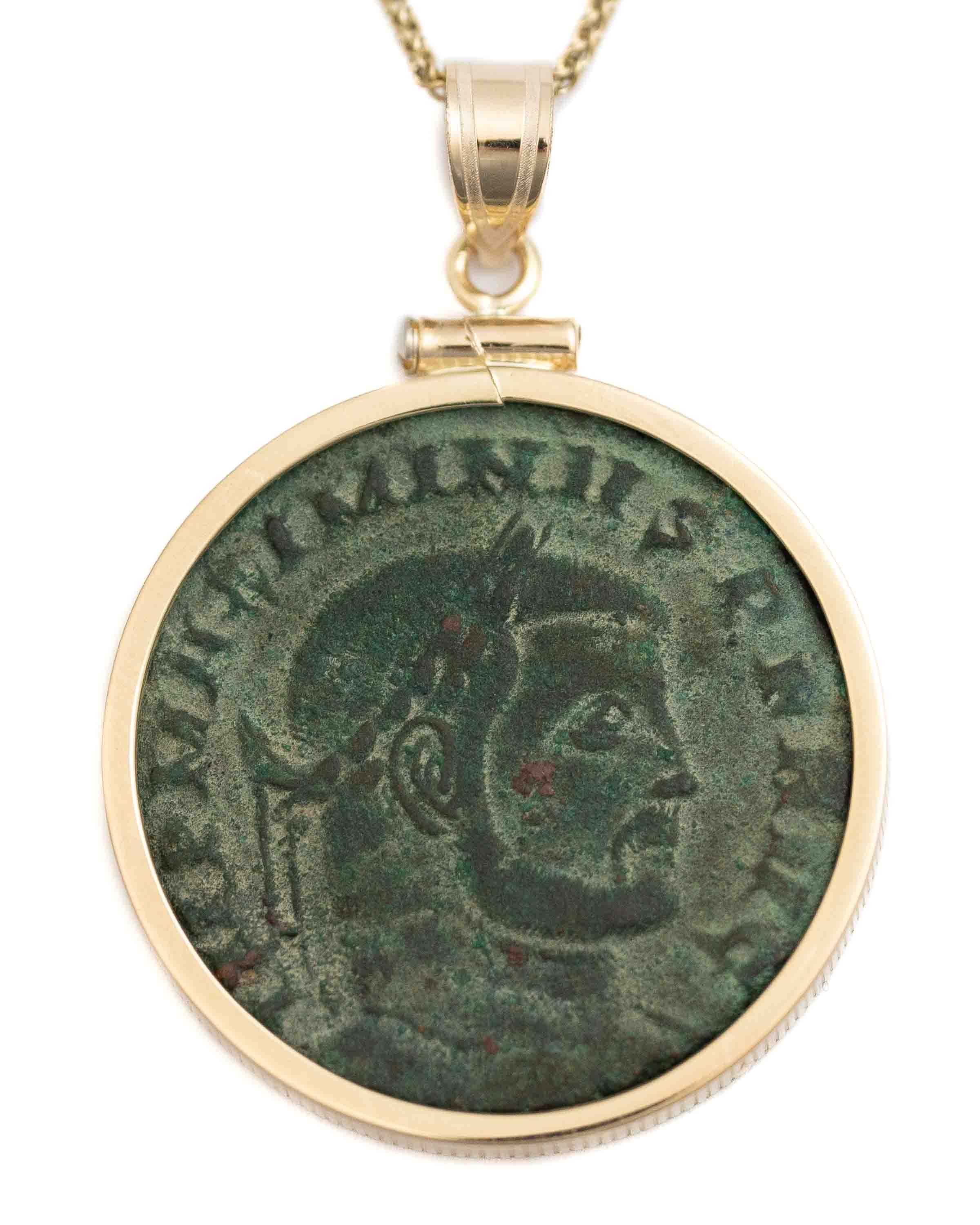 14k Gold Genuine Ancient Roman Coin Necklace (Maximinus Il 310-313 A.D.)