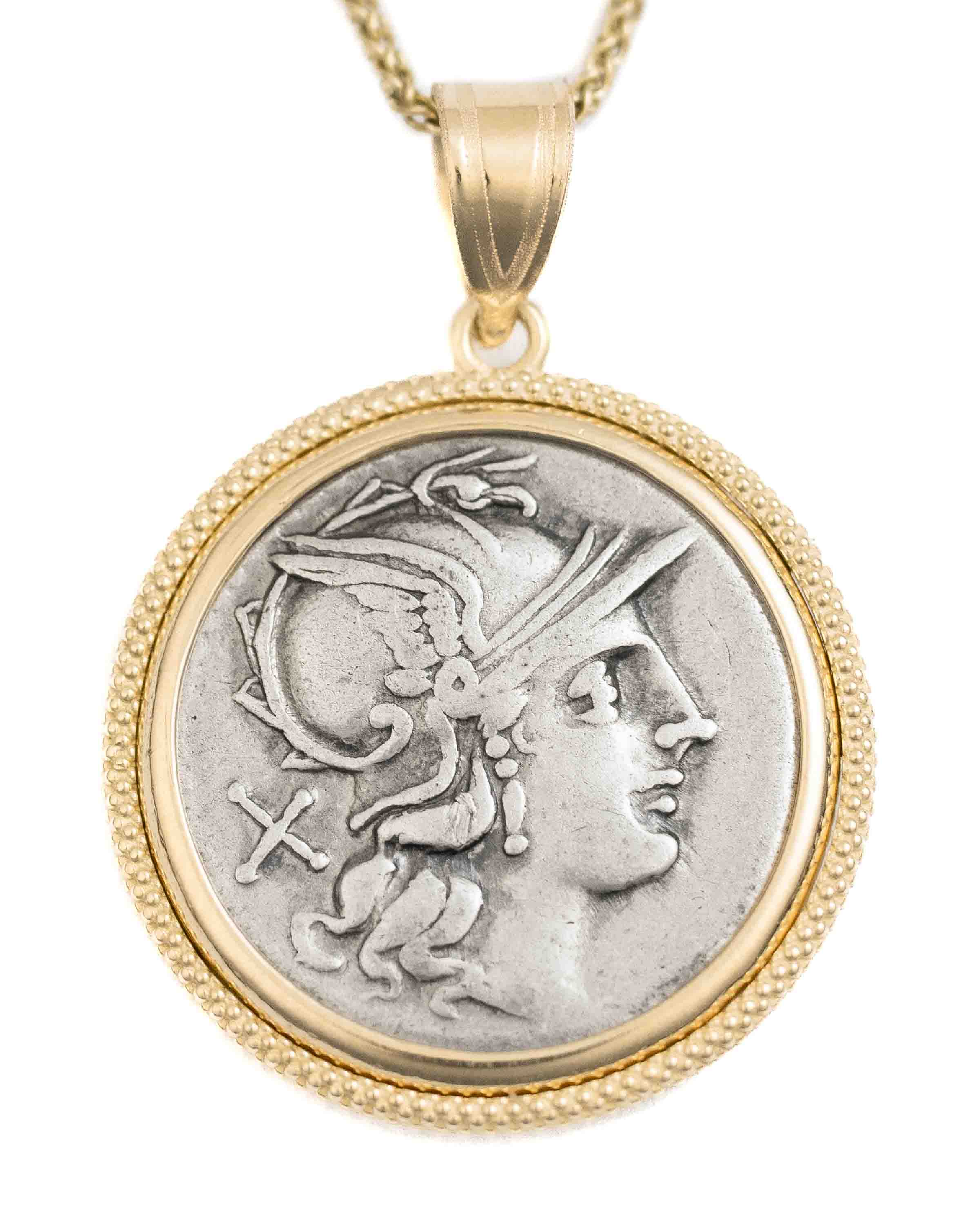 14k Gold Genuine Ancient Roman Coin Necklace (Roma; 203 B.C.)
