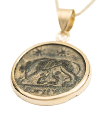 14k Gold Genuine Ancient Constantinople Commemorative Coin Necklace (Romulus & Remus; 307-337 A.D.)