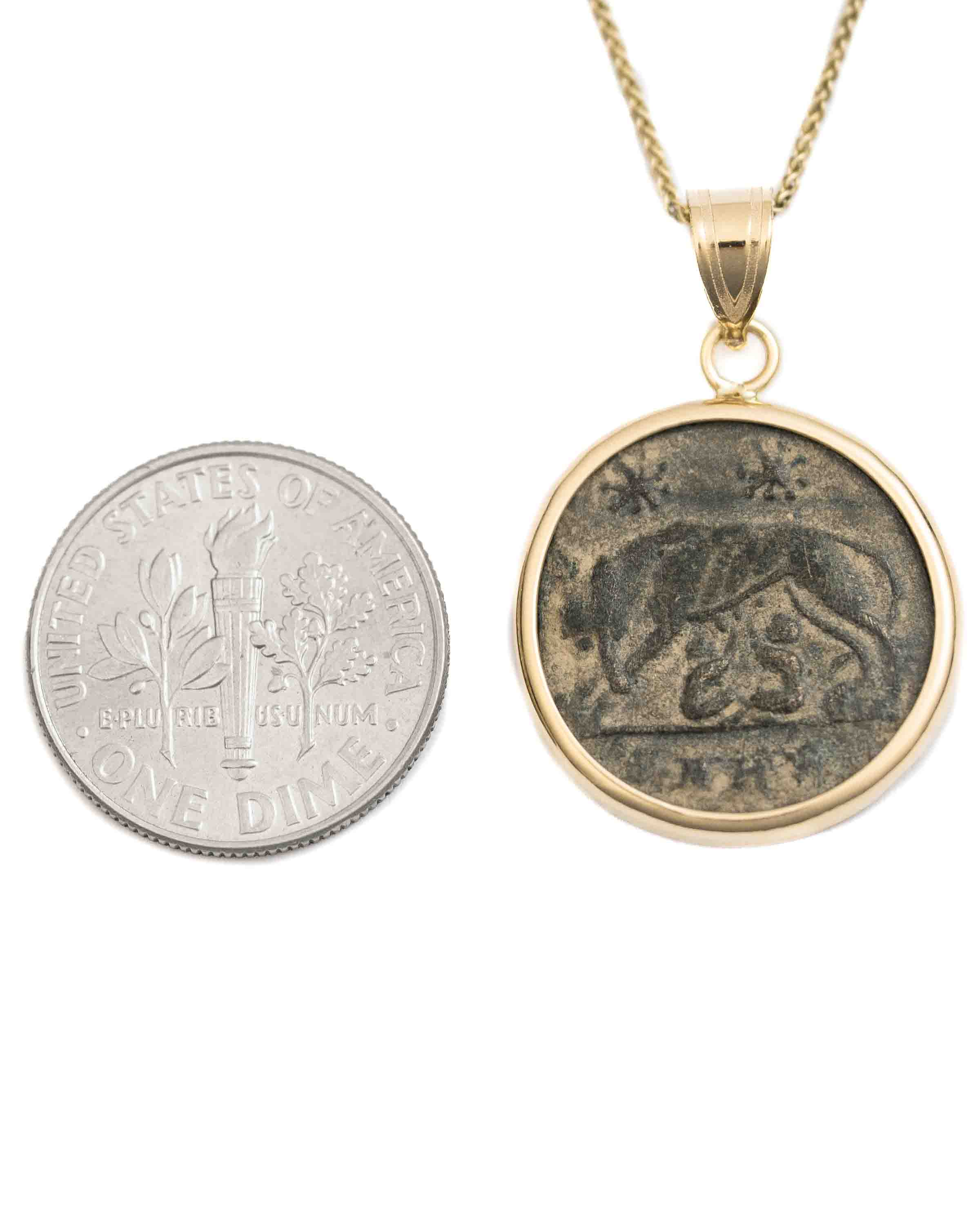 14k Gold Genuine Ancient Constantinople Commemorative Coin Necklace (Romulus & Remus; 307-337 A.D.)