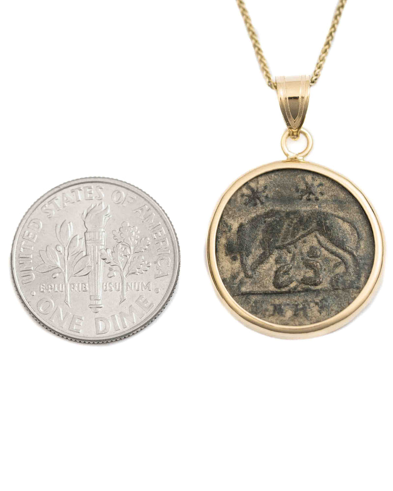 14k Gold Genuine Ancient Constantinople Commemorative Coin Necklace (Romulus & Remus; 307-337 A.D.)