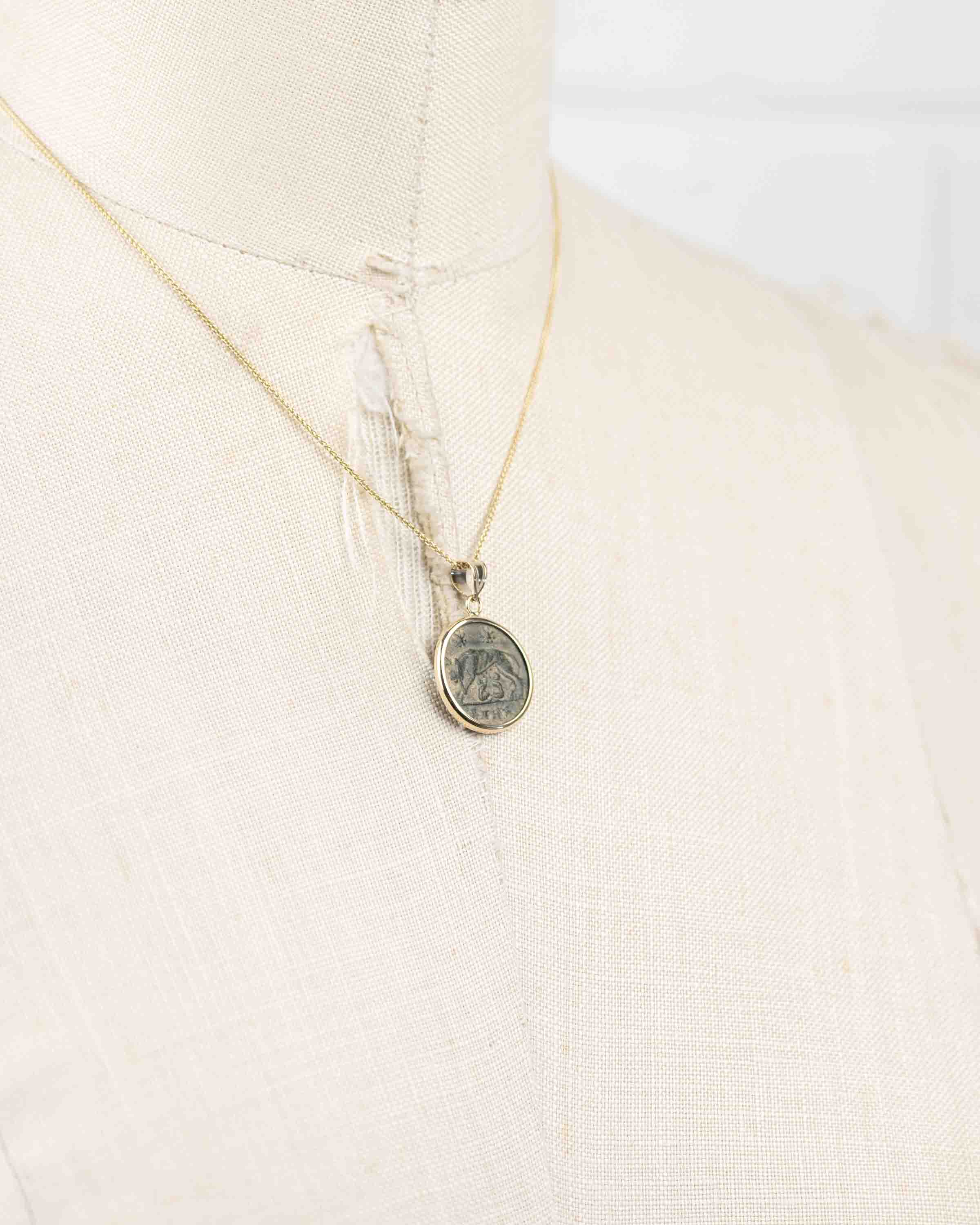 14k Gold Genuine Ancient Constantinople Commemorative Coin Necklace (Romulus & Remus; 307-337 A.D.)