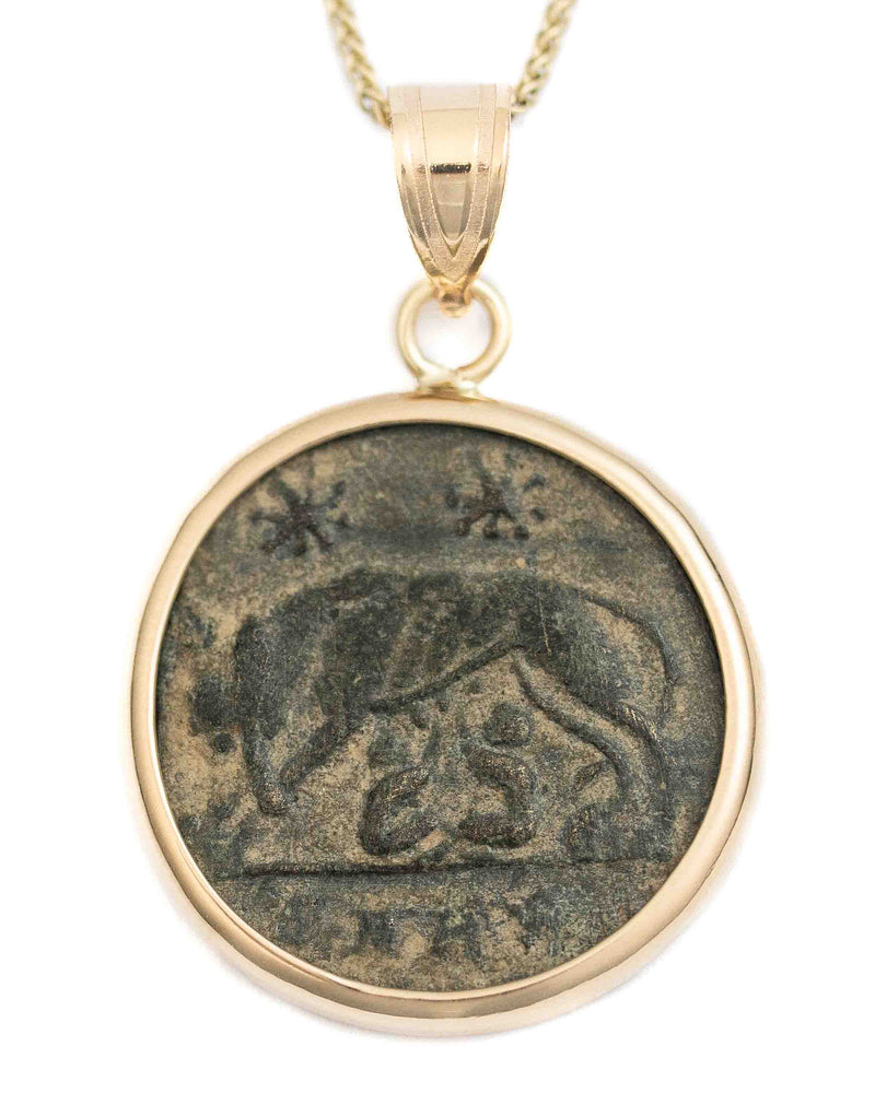 14k Gold Genuine Ancient Constantinople Commemorative Coin Necklace (Romulus & Remus; 307-337 A.D.)