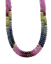 Blue, Pink, & Green Natural Sapphire 14k Gold Double Strand Necklace