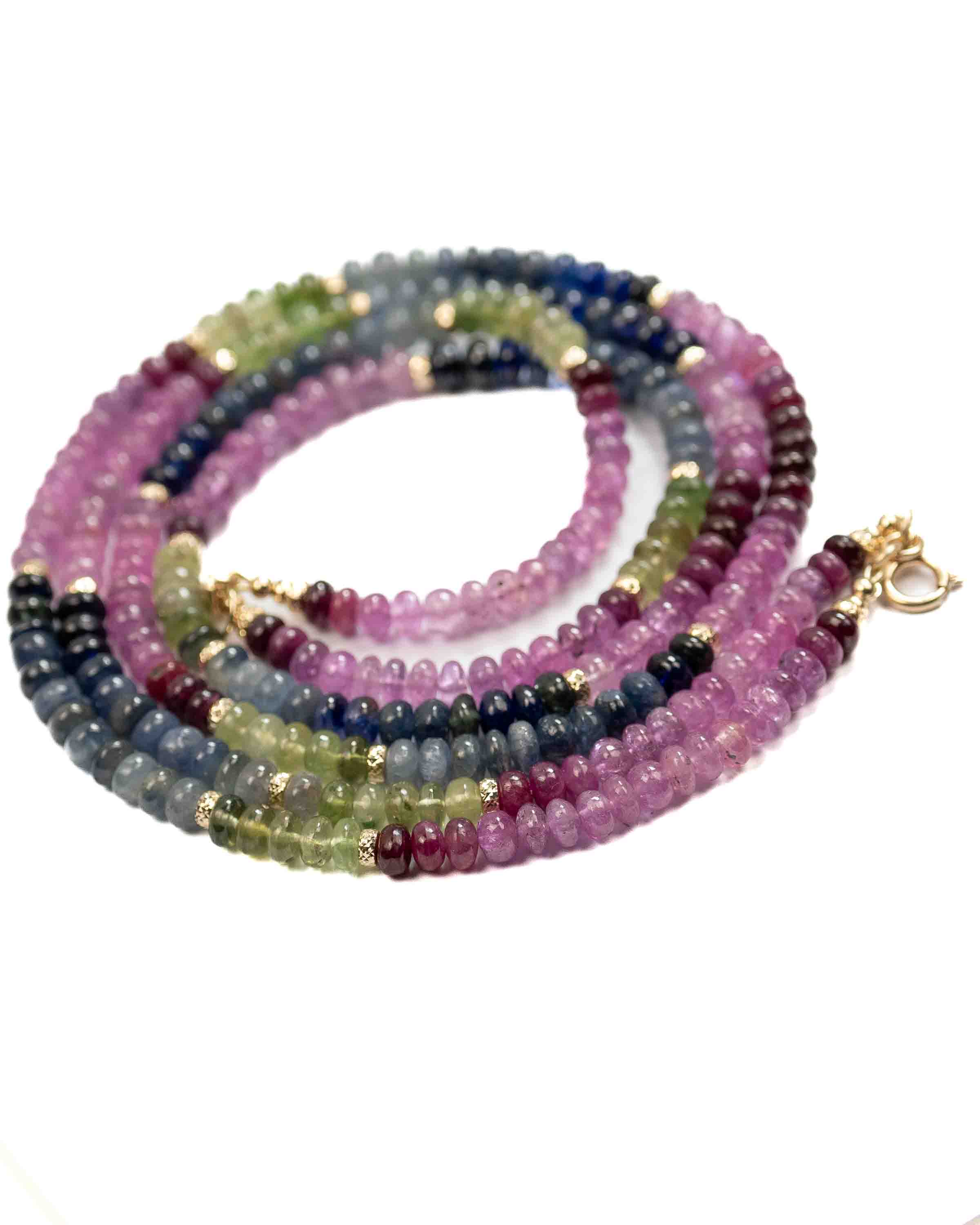 Blue, Pink, & Green Natural Sapphire 14k Gold Double Strand Necklace