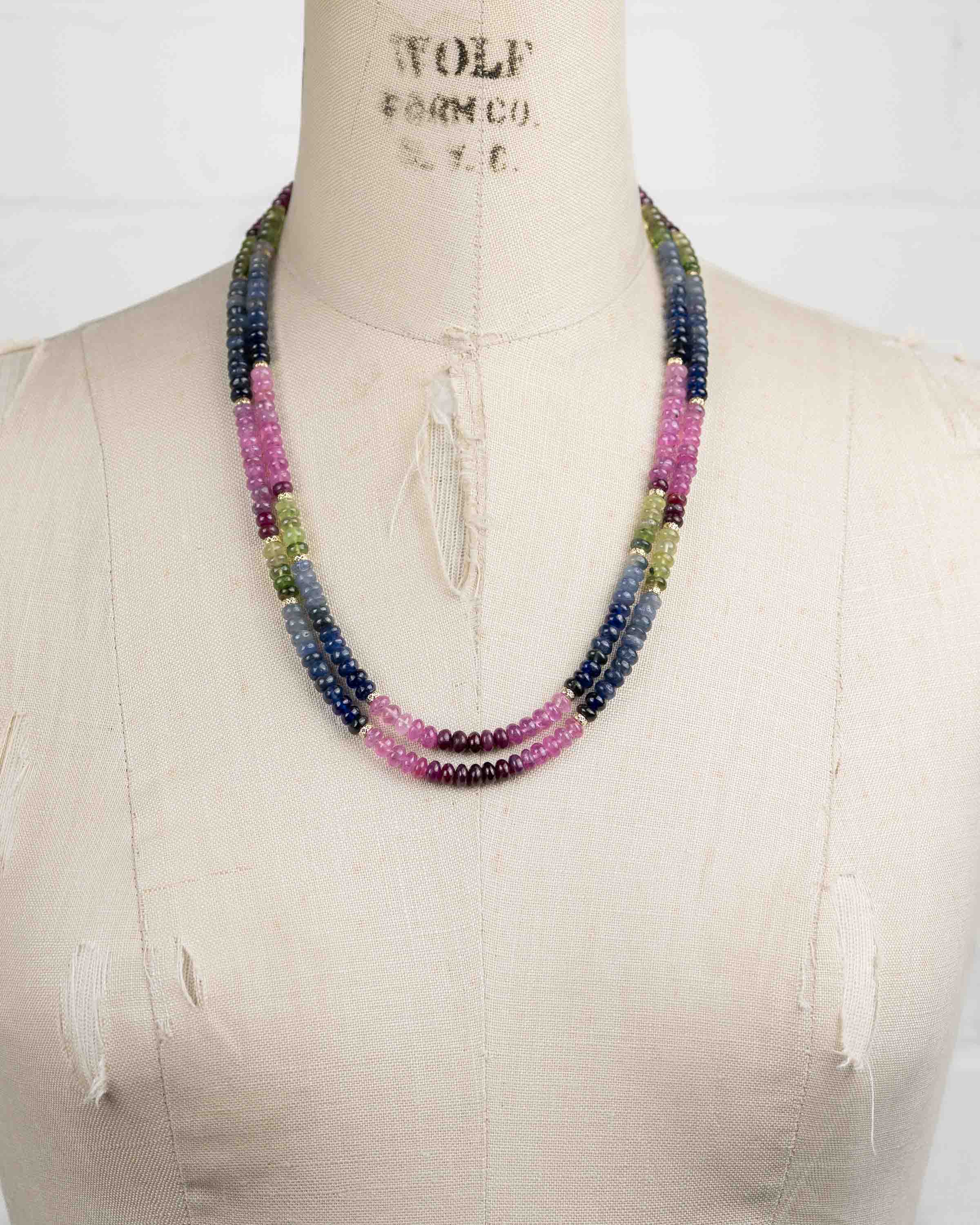 Blue, Pink, & Green Natural Sapphire 14k Gold Double Strand Necklace
