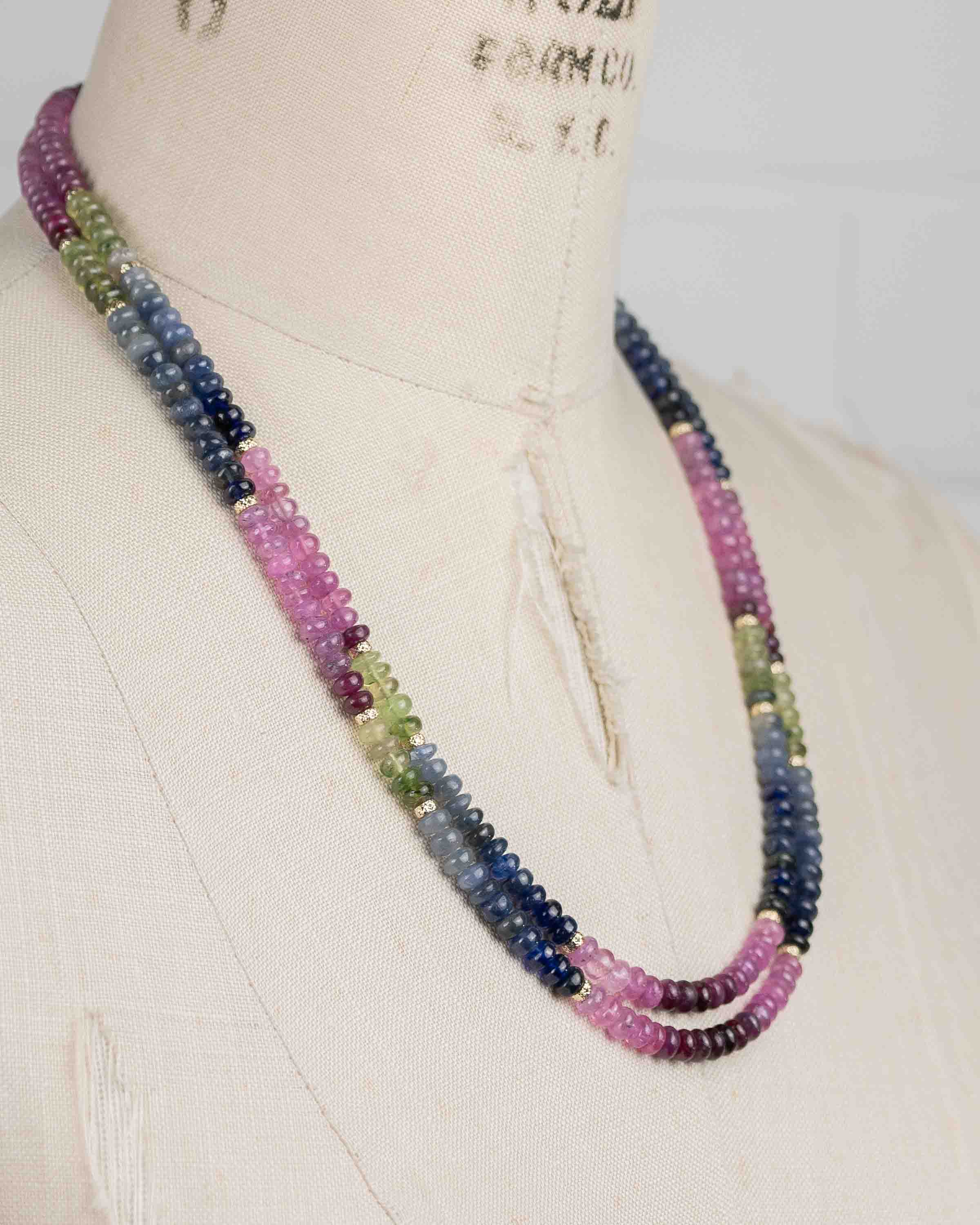 Blue, Pink, & Green Natural Sapphire 14k Gold Double Strand Necklace