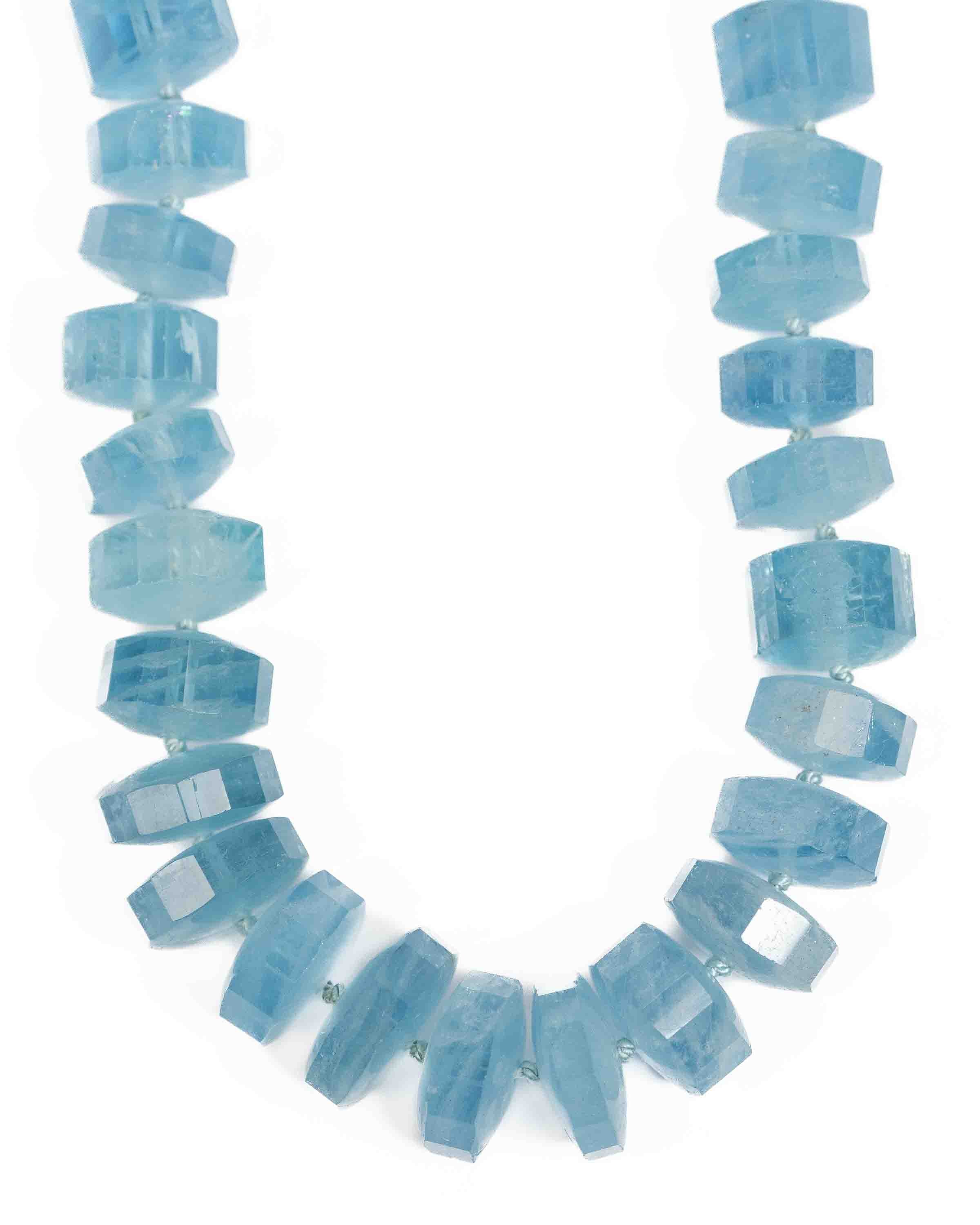 14k Gold Gem Quality Brazilian Aquamarine Hand-Knotted Statement Necklace