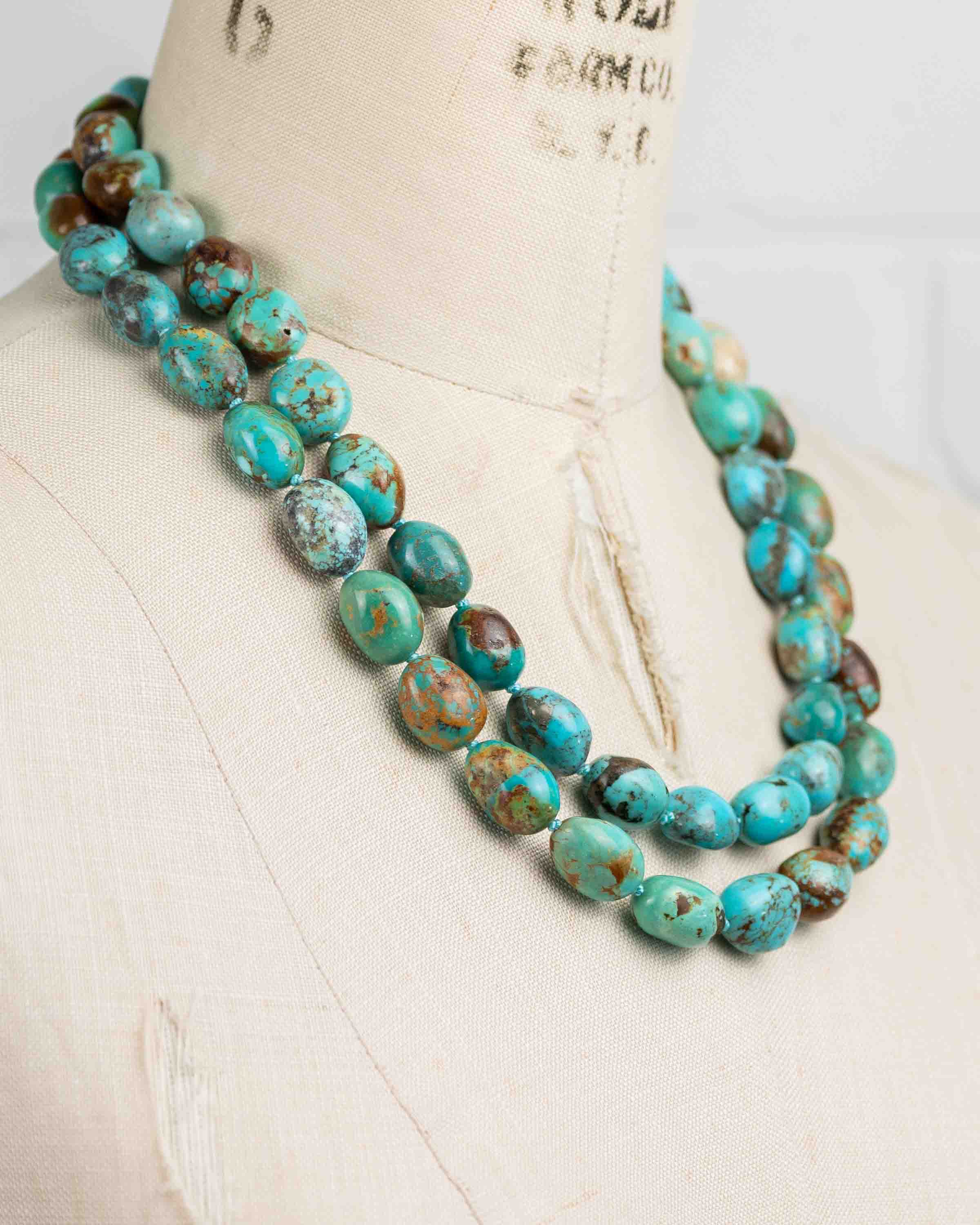 Natural Arizona Kingman Turquoise Knotted Double Strand Necklace