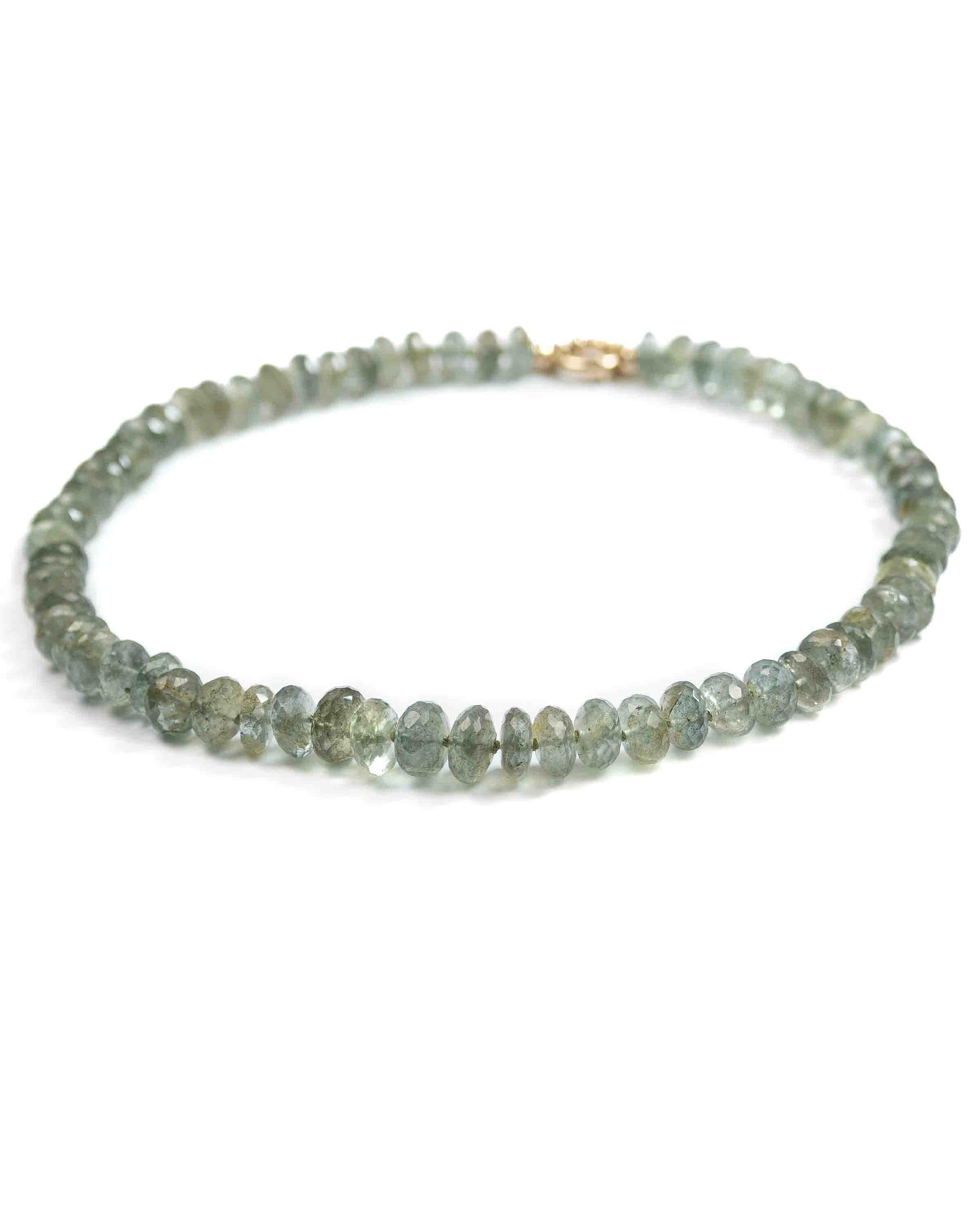 14k Gold AAA Quality Natural Moss Aquamarine Knotted Strand Necklace