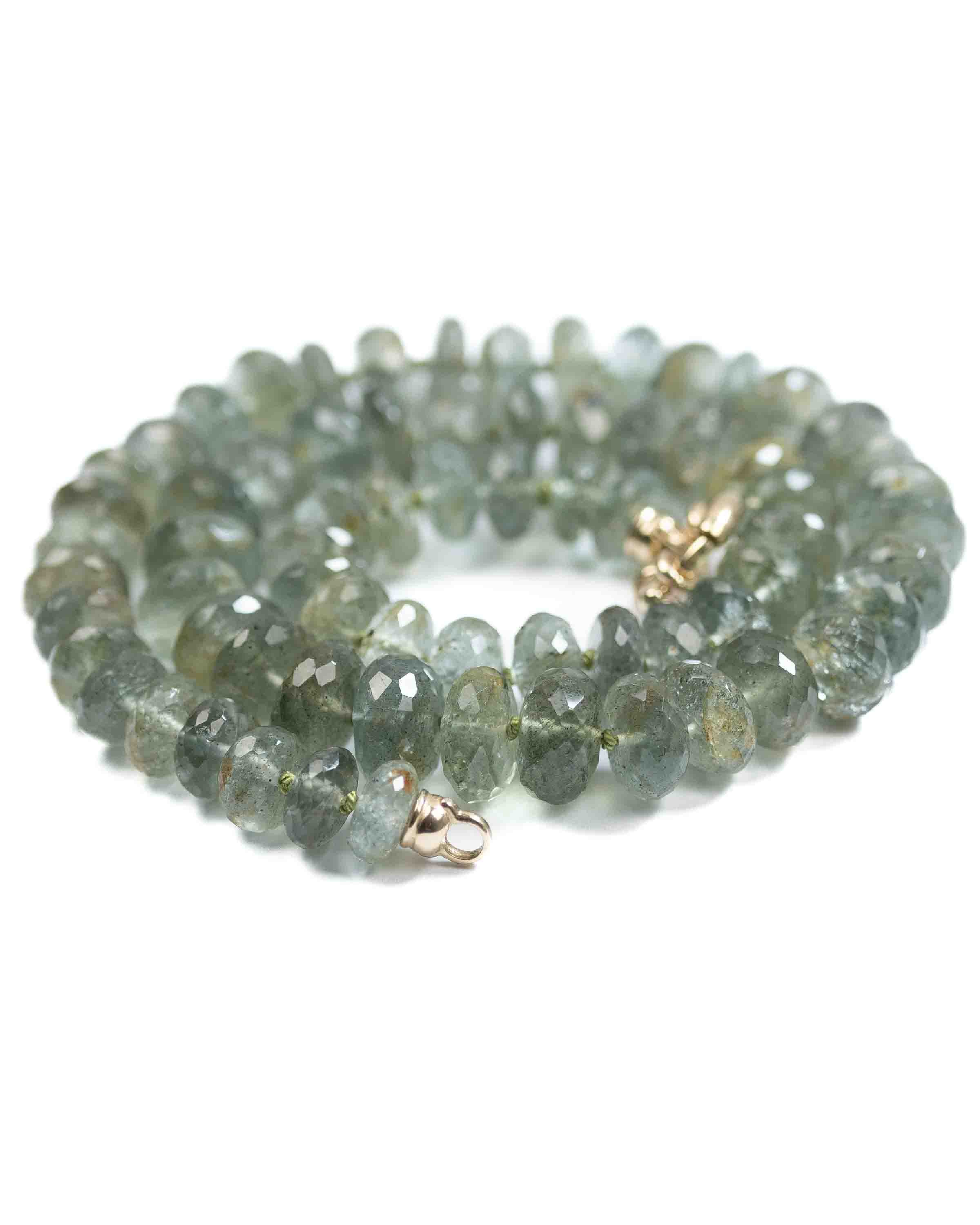 14k Gold AAA Quality Natural Moss Aquamarine Knotted Strand Necklace