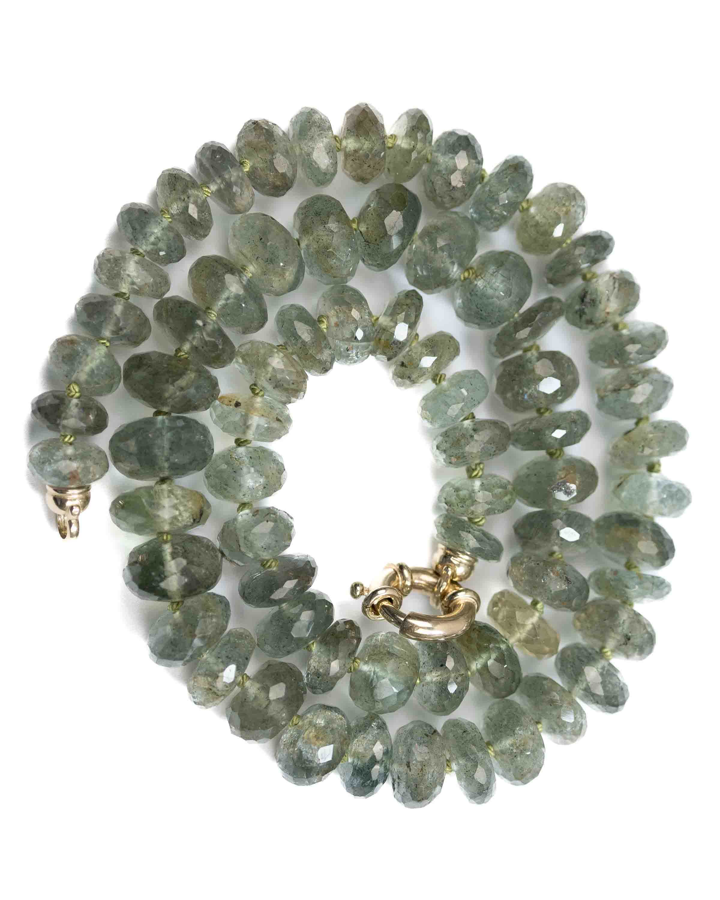 14k Gold AAA Quality Natural Moss Aquamarine Knotted Strand Necklace