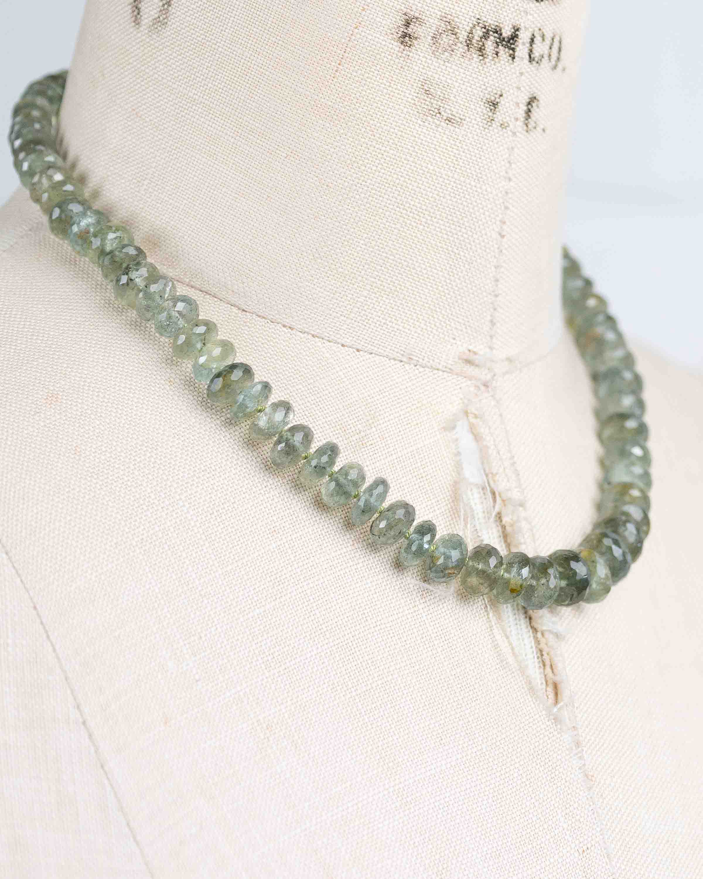 14k Gold AAA Quality Natural Moss Aquamarine Knotted Strand Necklace