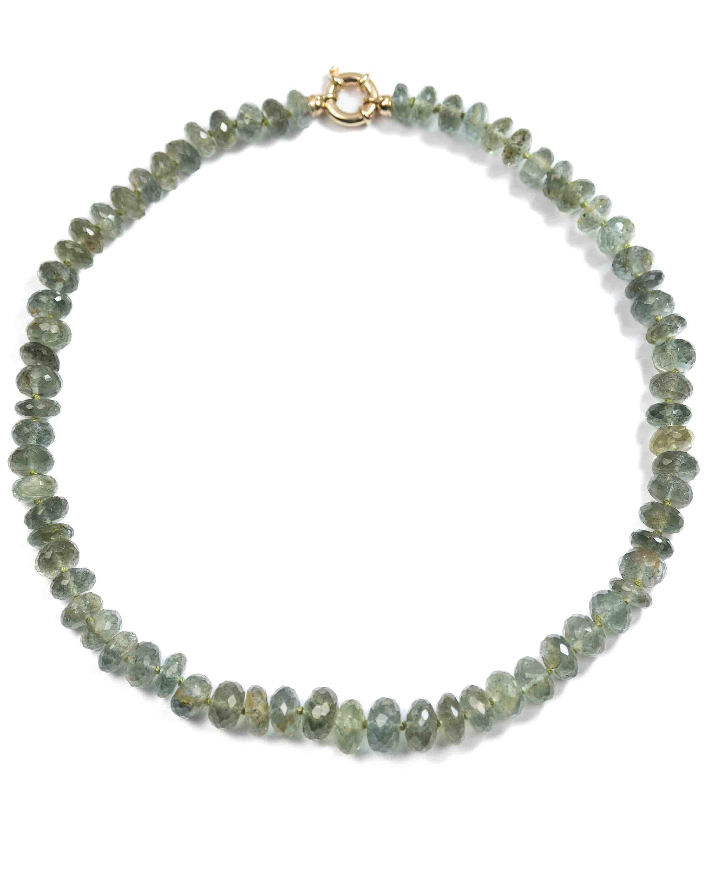 14k Gold AAA Quality Natural Moss Aquamarine Knotted Strand Necklace