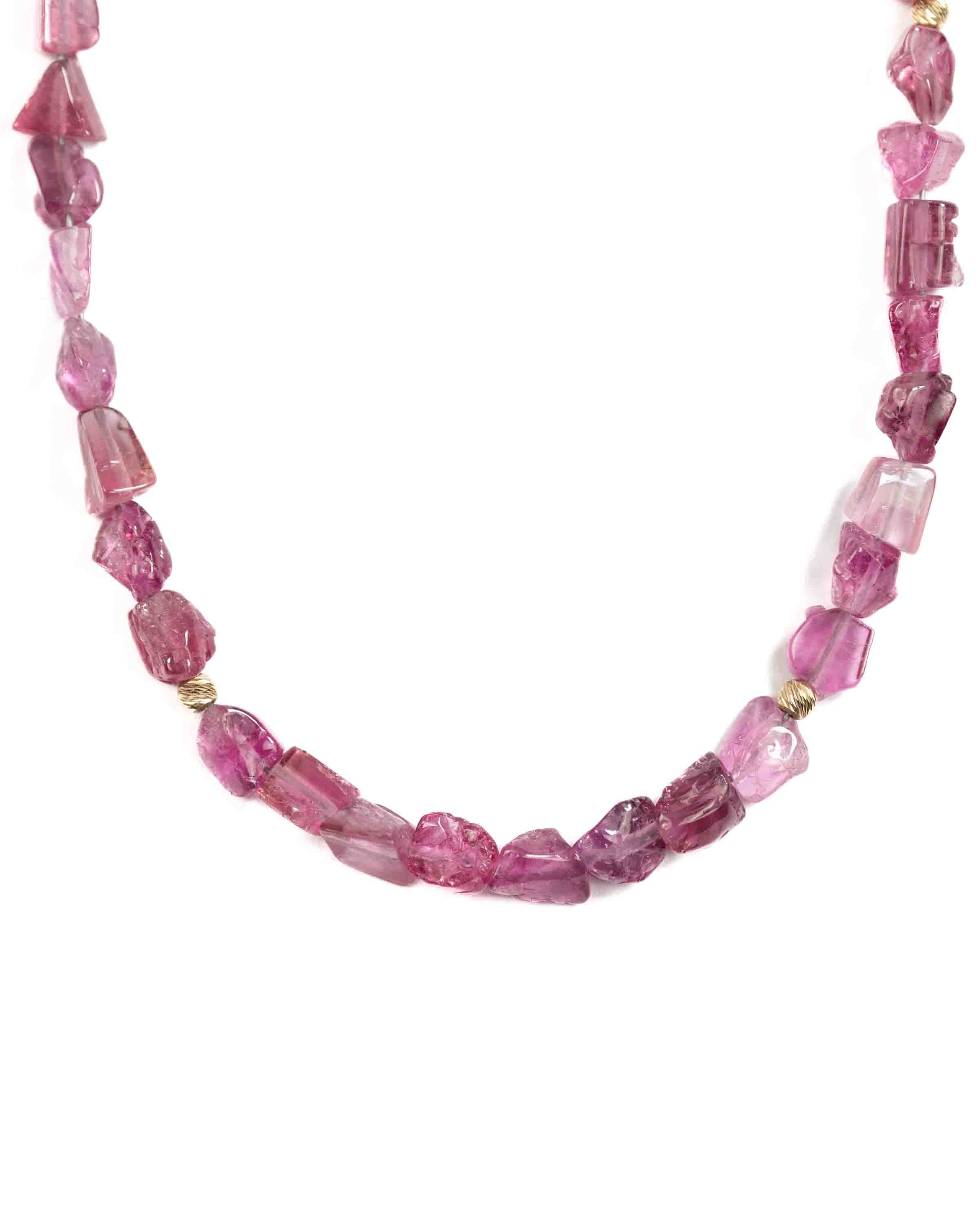 14k Gold Natural AAA Quality Pink Tourmaline Nugget Necklace