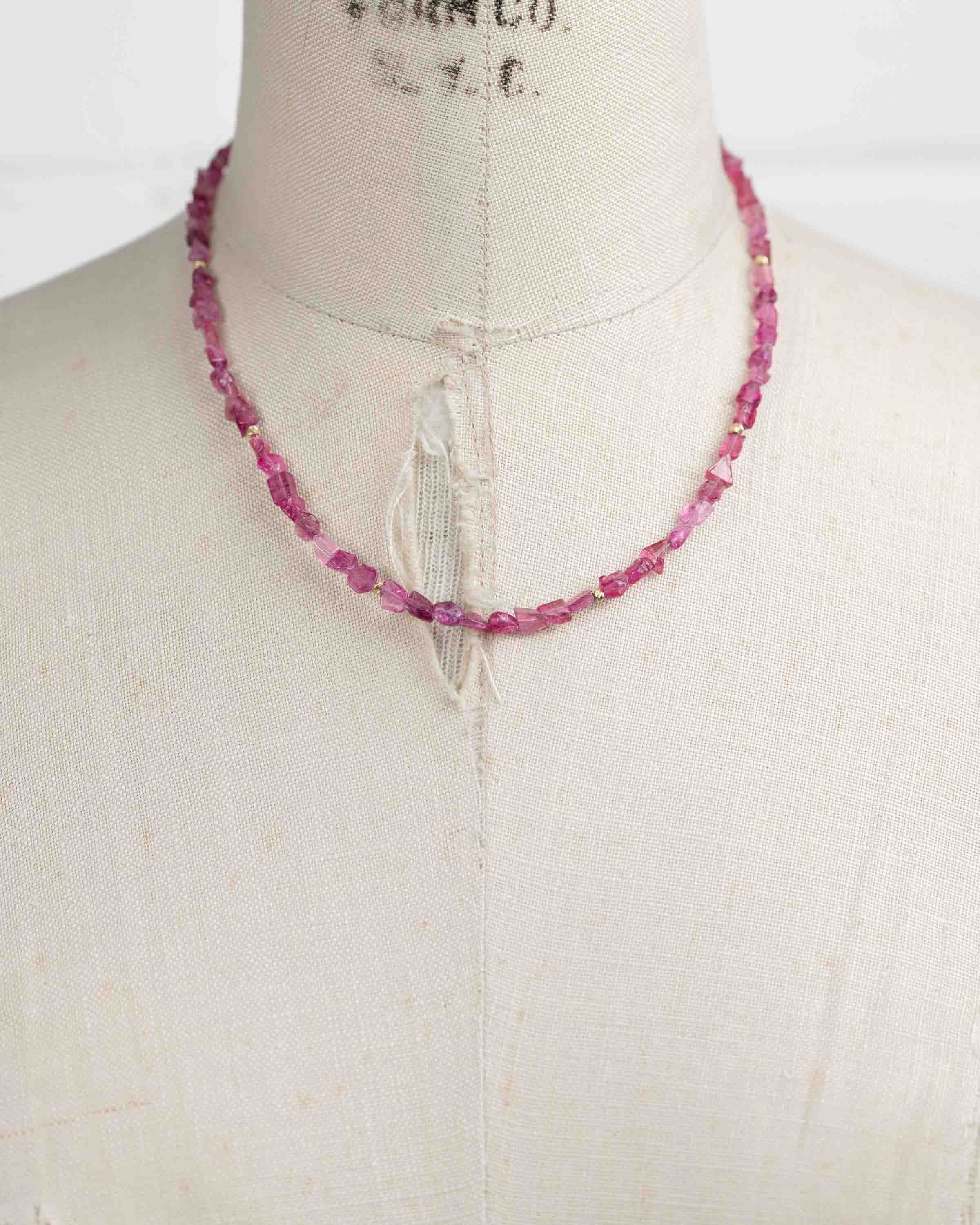 14k Gold Natural AAA Quality Pink Tourmaline Nugget Necklace