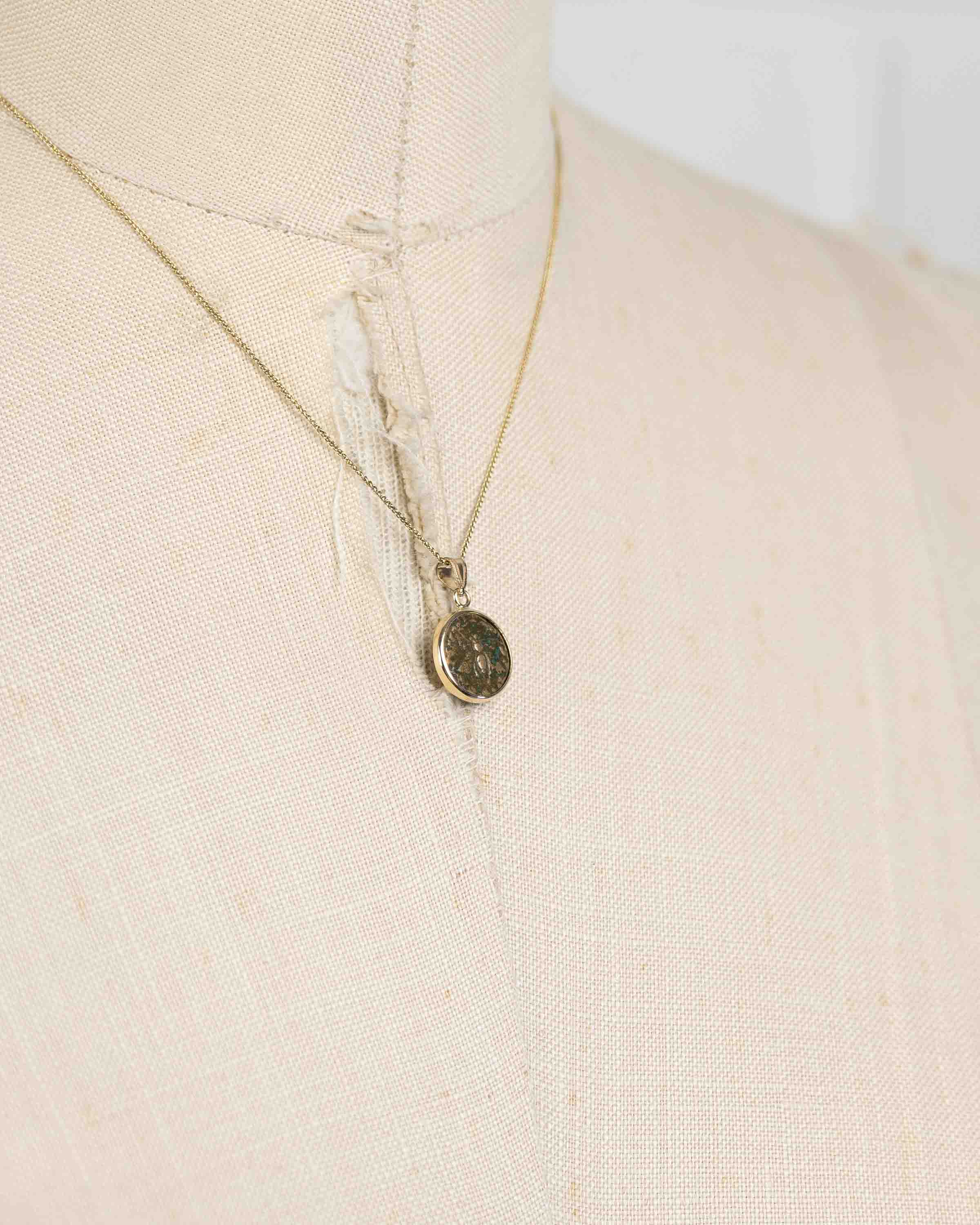 14k Gold Genuine Ancient Greek Coin Necklace (Artemis Bee; 200 B.C.)