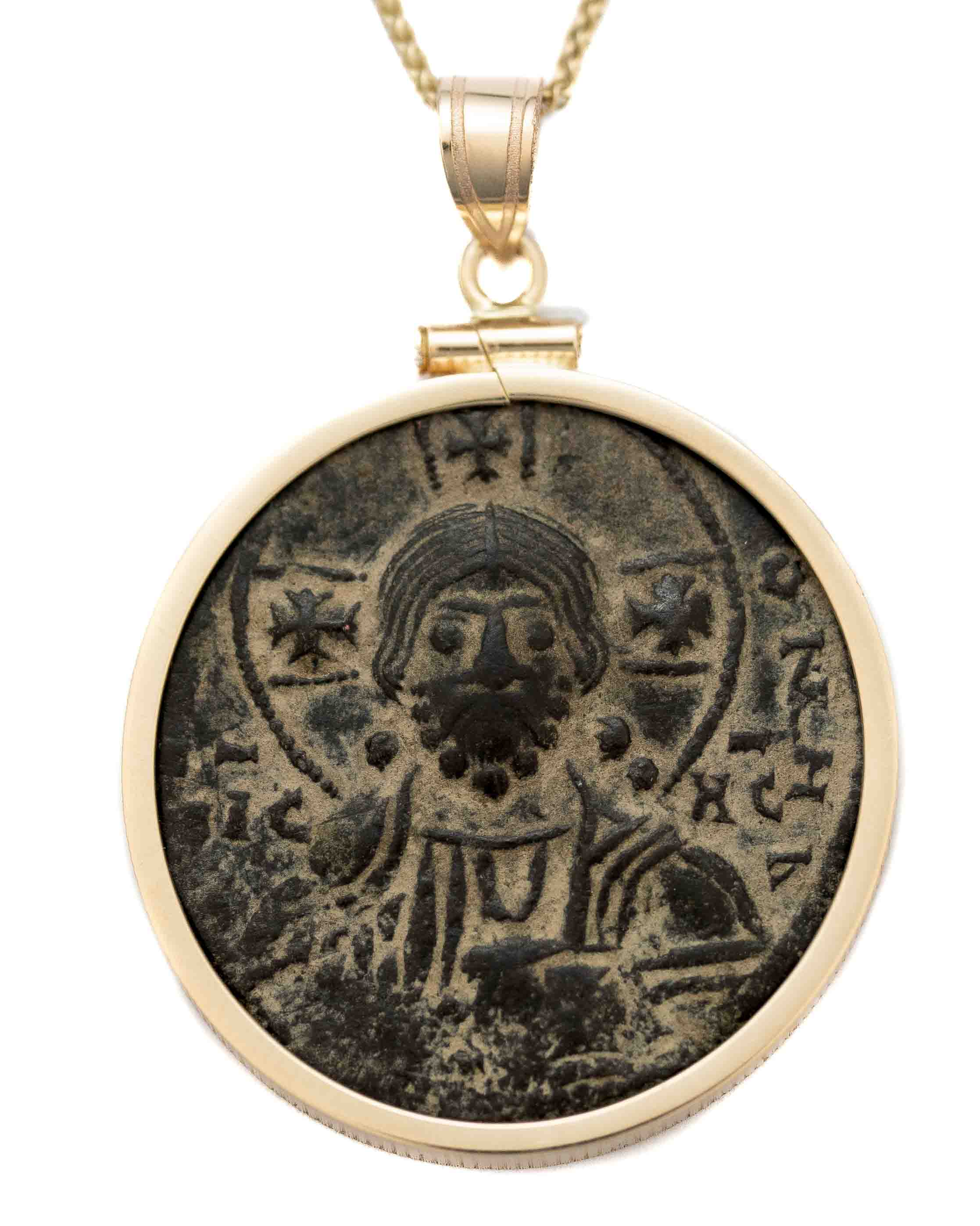 14k Gold Genuine Ancient Byzantine Coin Necklace (Christ, King of Kings; 976-1028 A.D.)