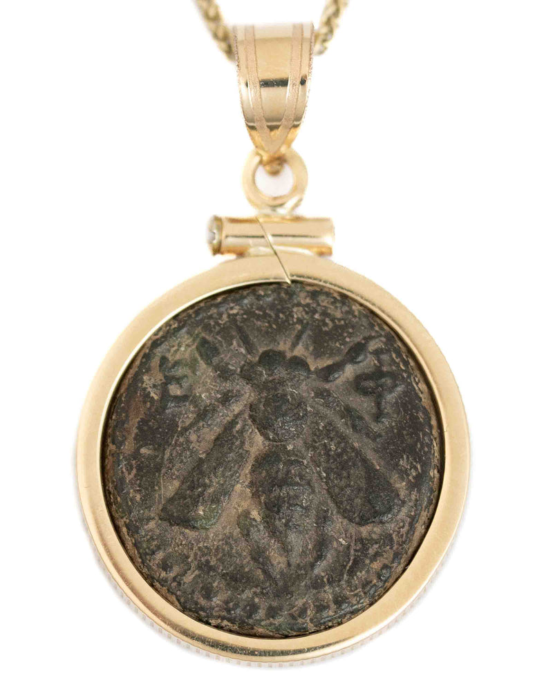 14k Gold Genuine Ancient Greek Coin Necklace (Artemis Bee; 200 B.C.)
