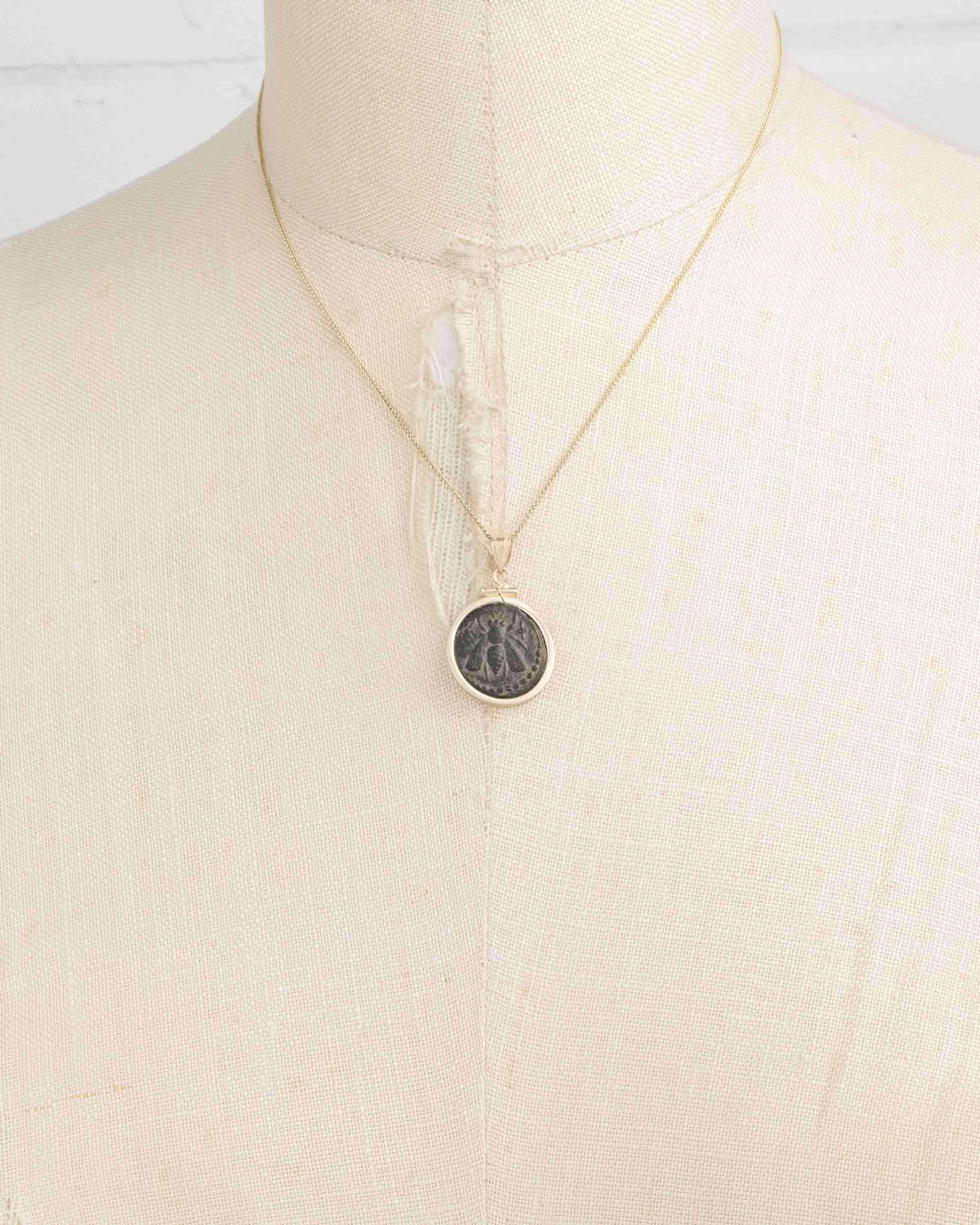 14k Gold Genuine Ancient Greek Coin Necklace (Artemis Bee; 200 B.C.)