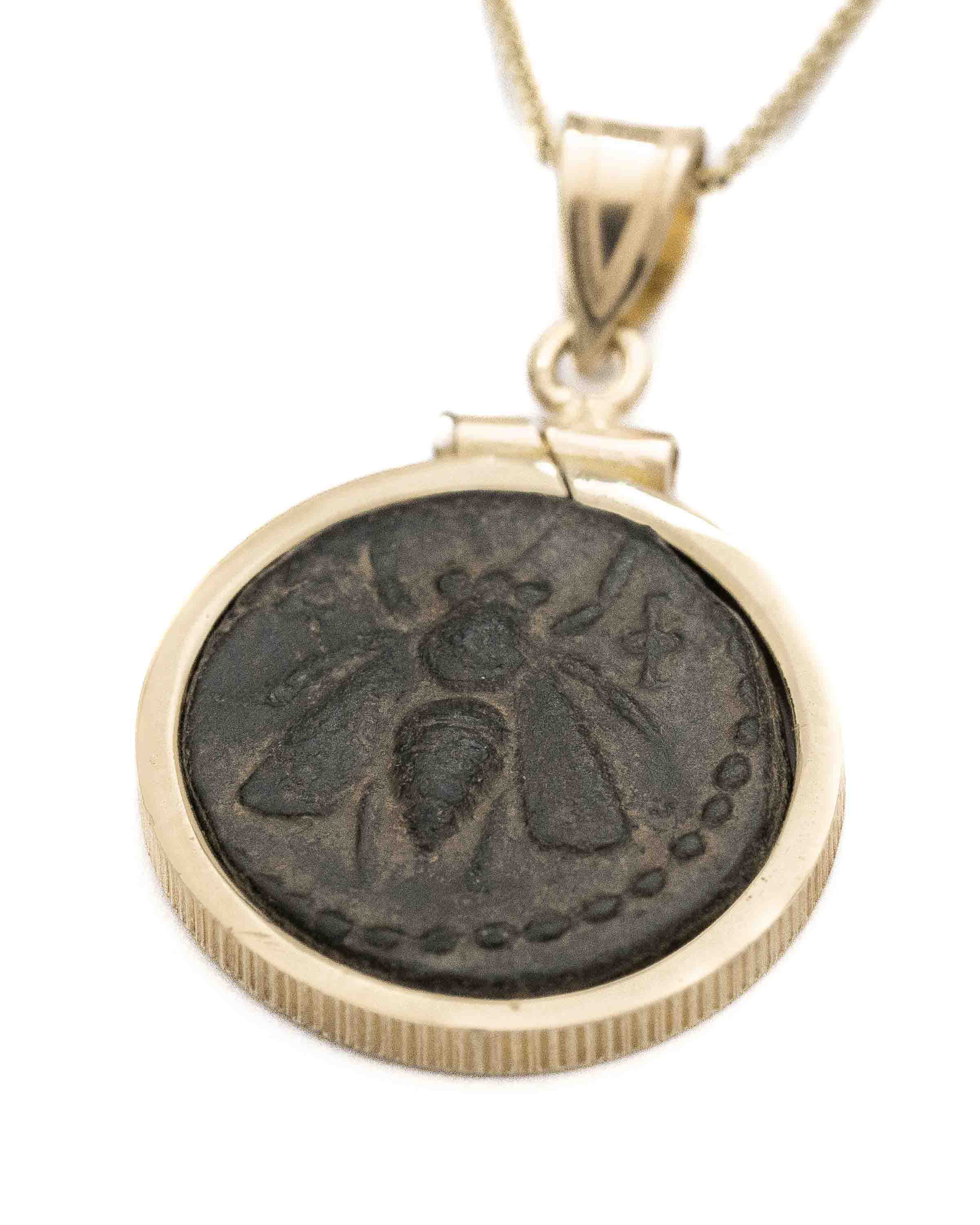 14k Gold Genuine Ancient Greek Coin Necklace (Artemis Bee; 200 B.C.)