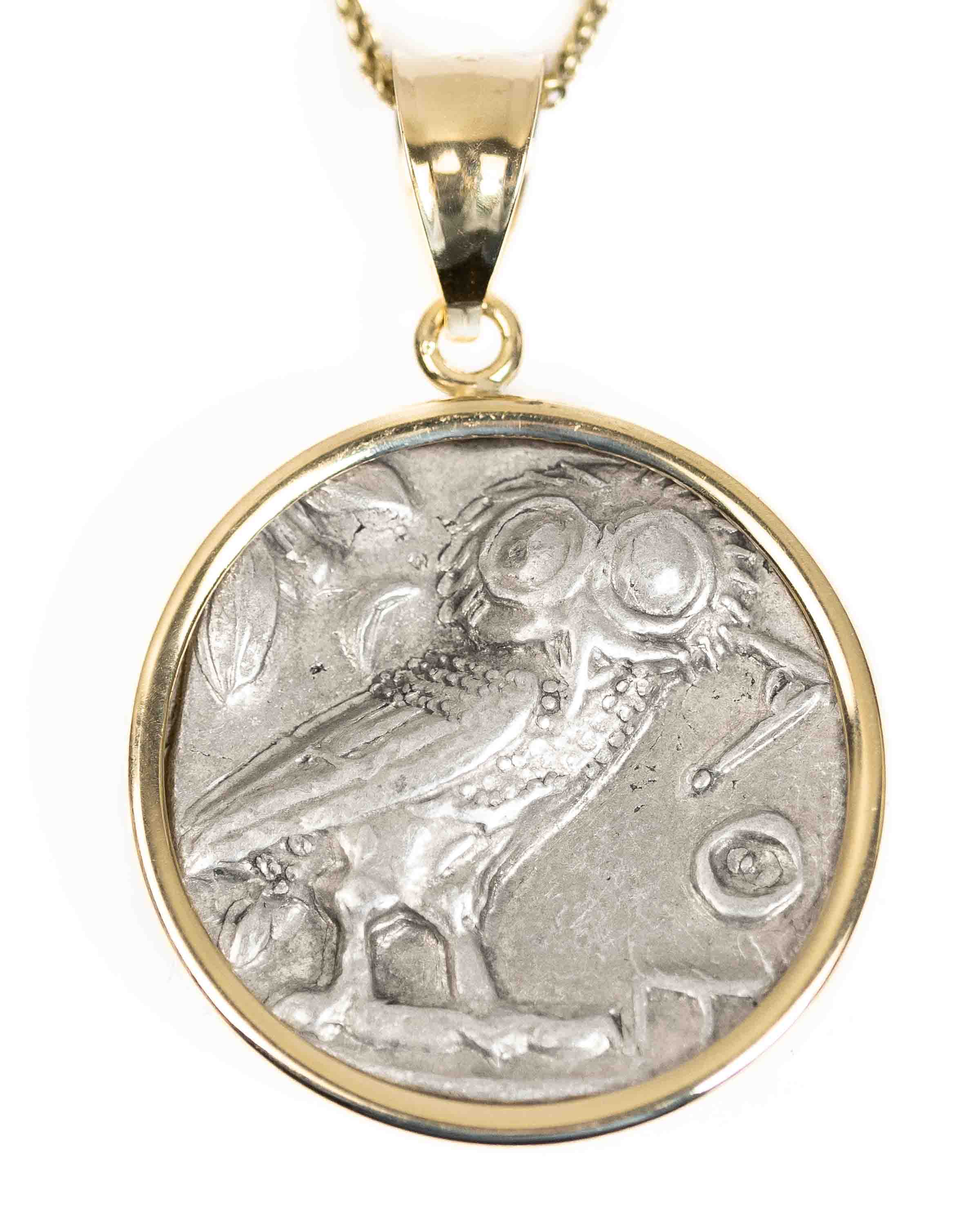14k Gold Genuine Ancient Greek Coin Necklace (Athena/Owl; 454-404 B.C.)