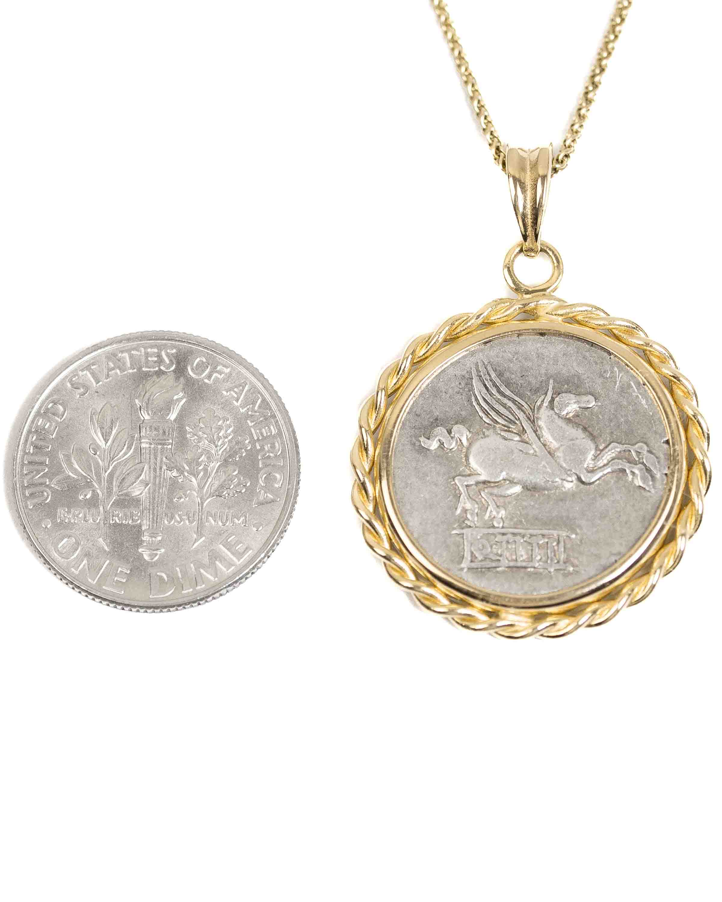 14k Gold Genuine Ancient Roman Coin Necklace (Pegasus/Bacchus; 90 B.C.)