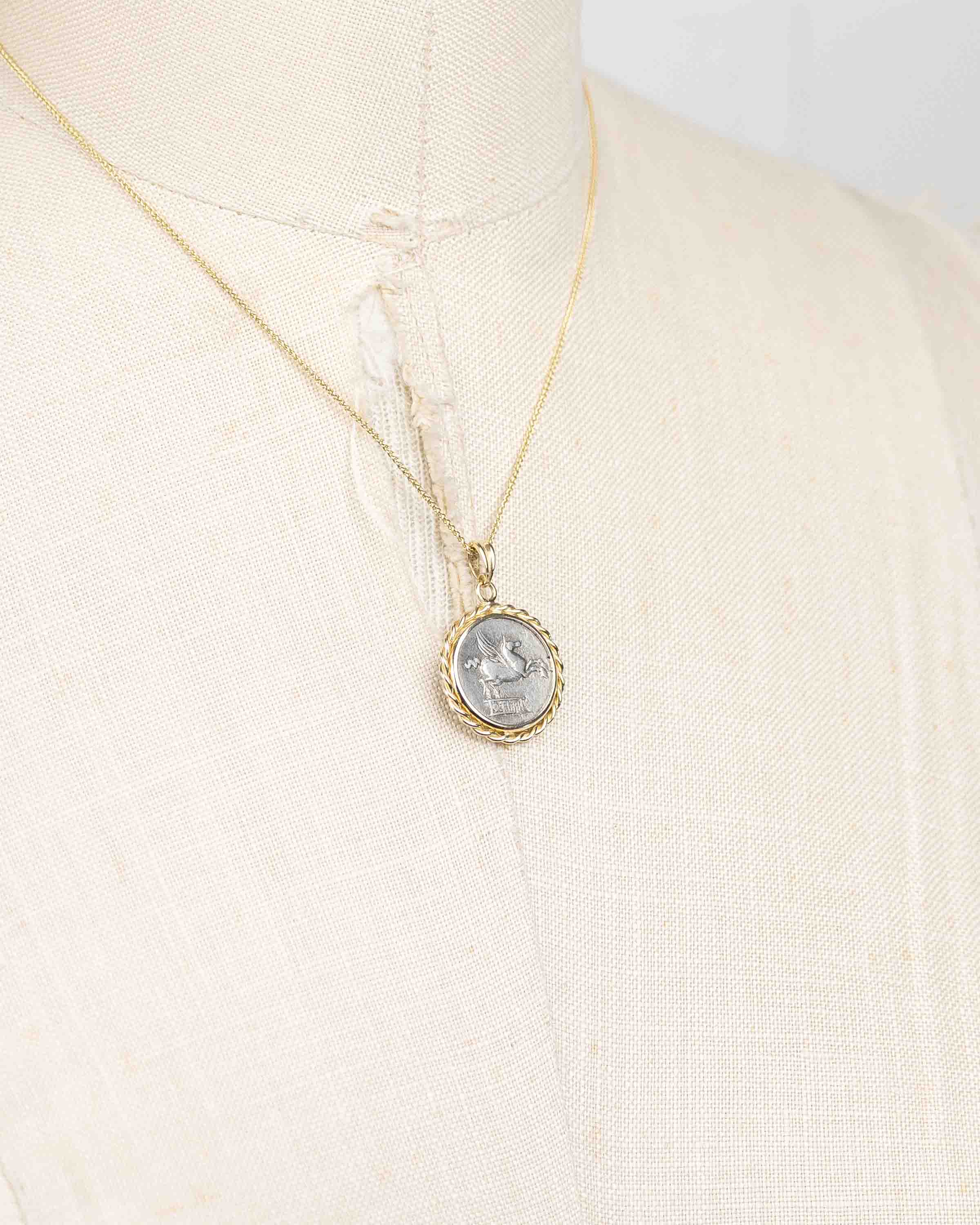 14k Gold Genuine Ancient Roman Coin Necklace (Pegasus/Bacchus; 90 B.C.)