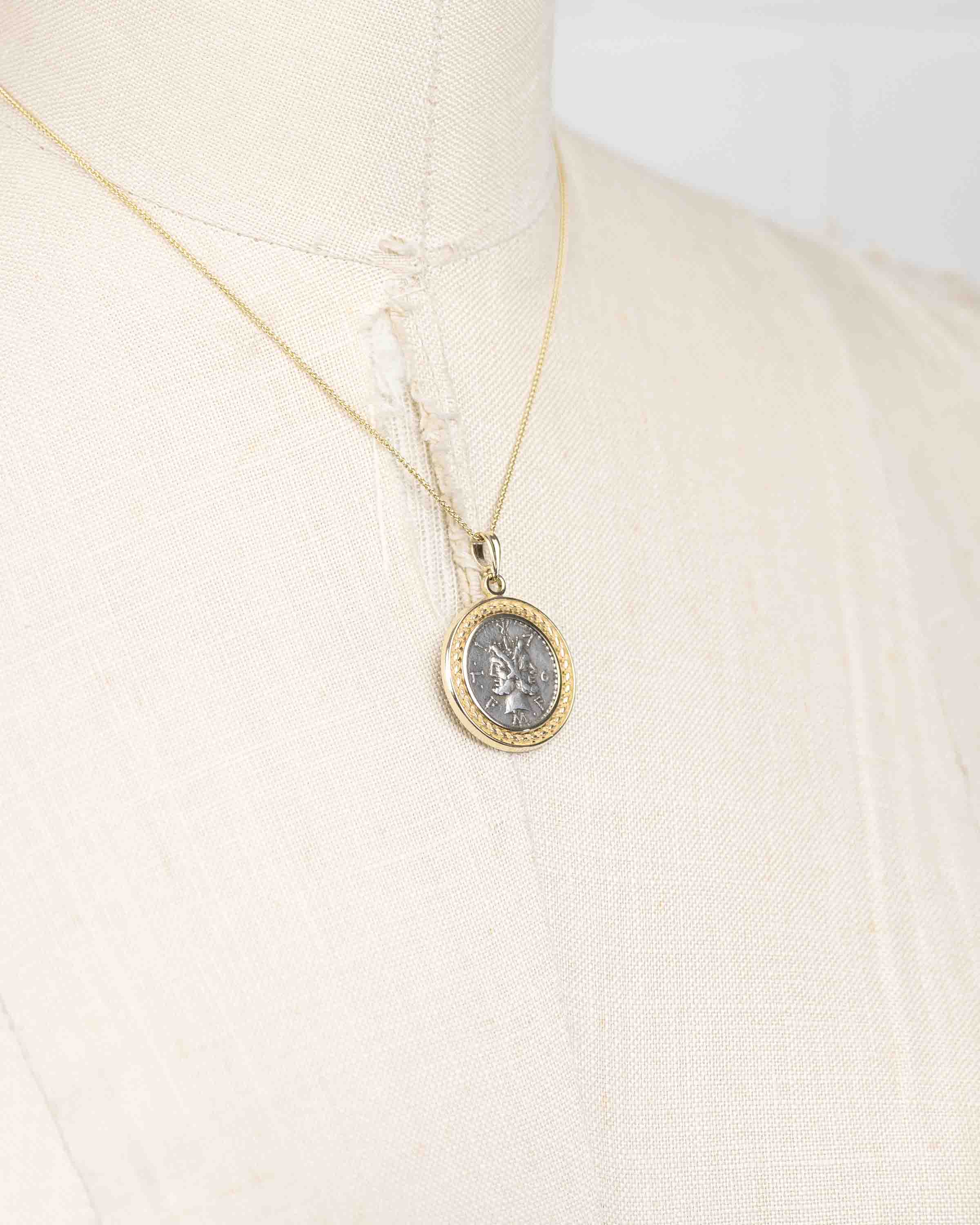 14k Gold Genuine Ancient Roman Coin Necklace (Janus; 120 B.C.)