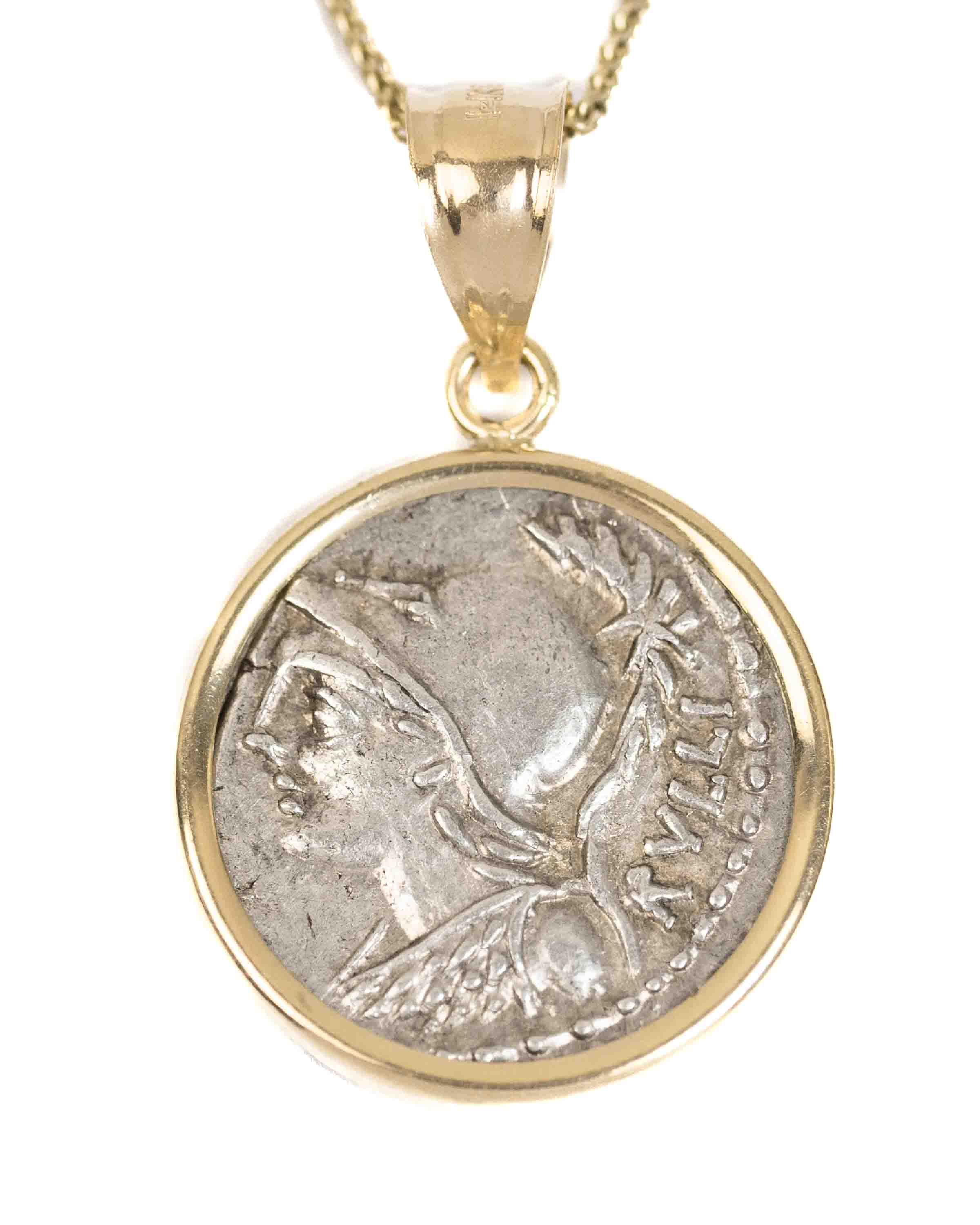 14k Gold Genuine Ancient Roman Coin Necklace (Minerva; 100 B.C.)
