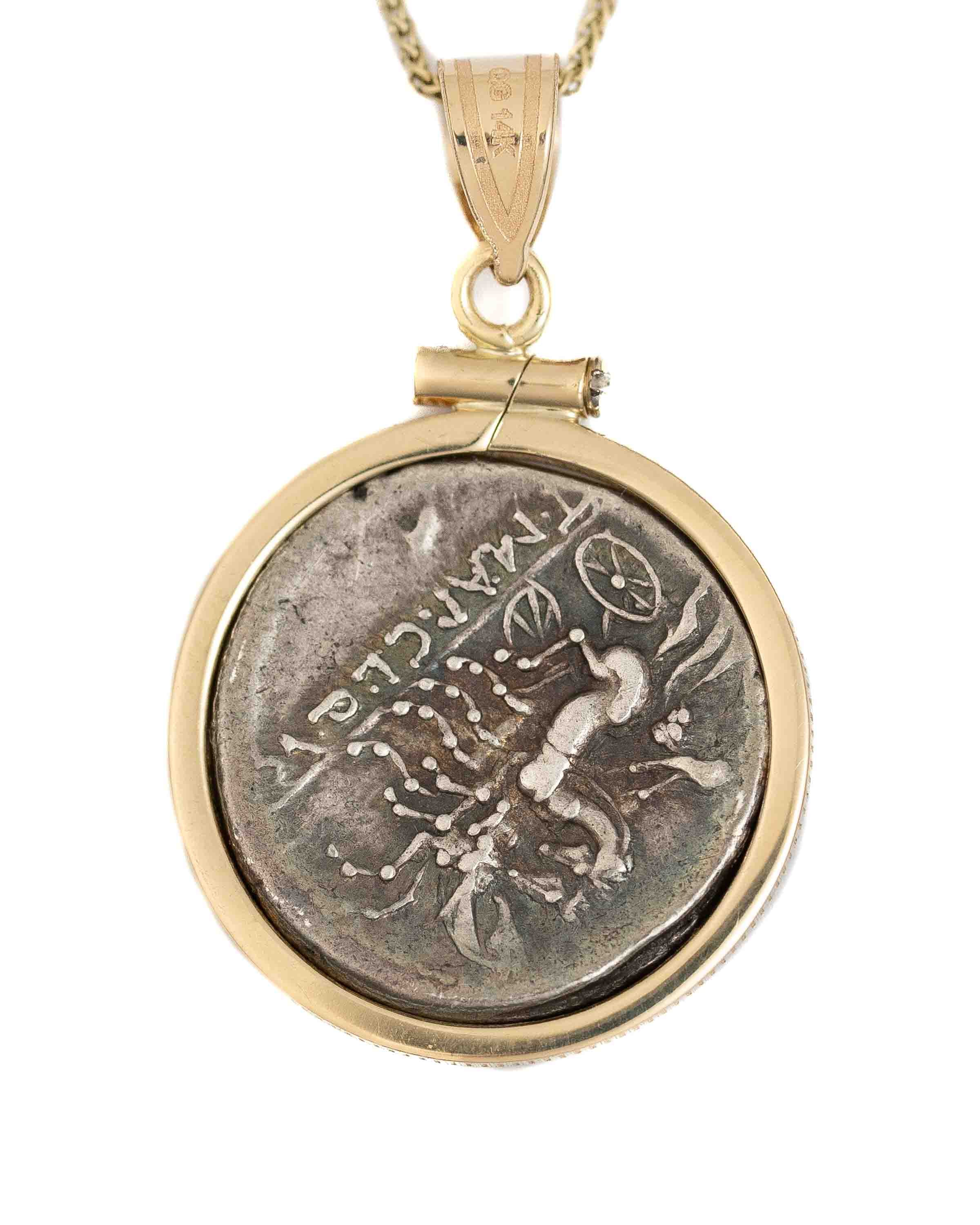 14k Gold Genuine Ancient Roman Coin Necklace (Roma; 111-110 B.C.)