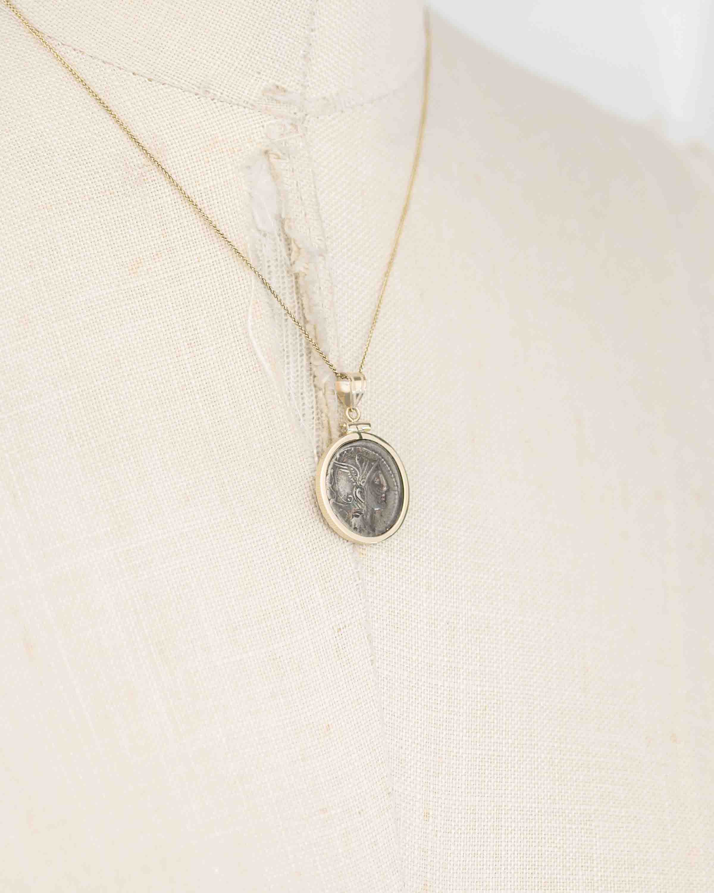 14k Gold Genuine Ancient Roman Coin Necklace (Roma; 111-110 B.C.)