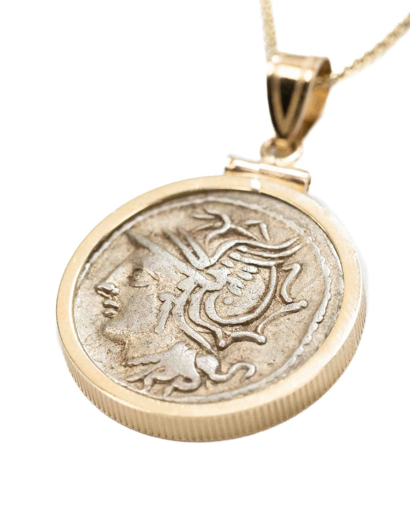 14k Gold Genuine Ancient Roman Coin Necklace (Roma; 104 B.C.)