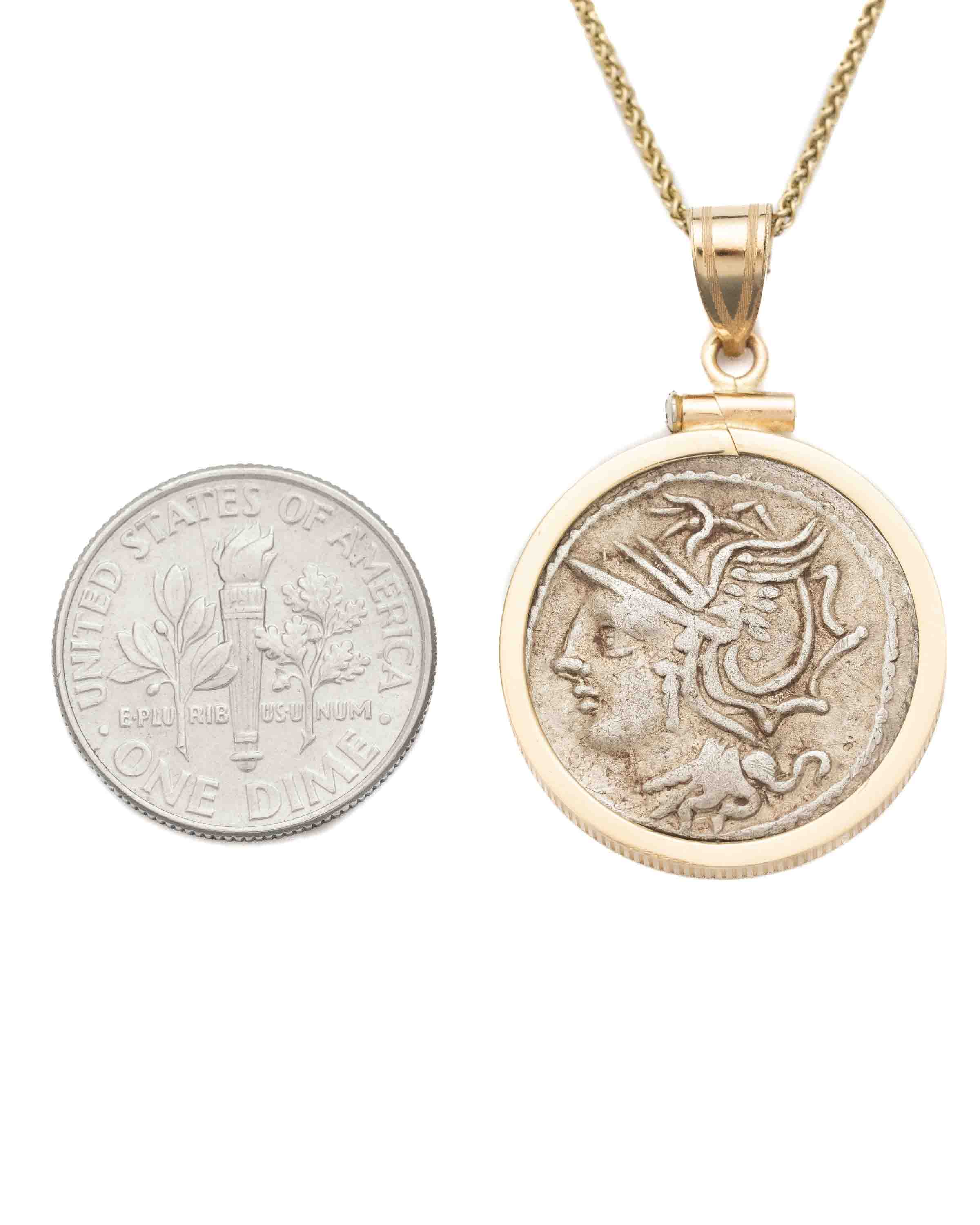 14k Gold Genuine Ancient Roman Coin Necklace (Roma; 104 B.C.)