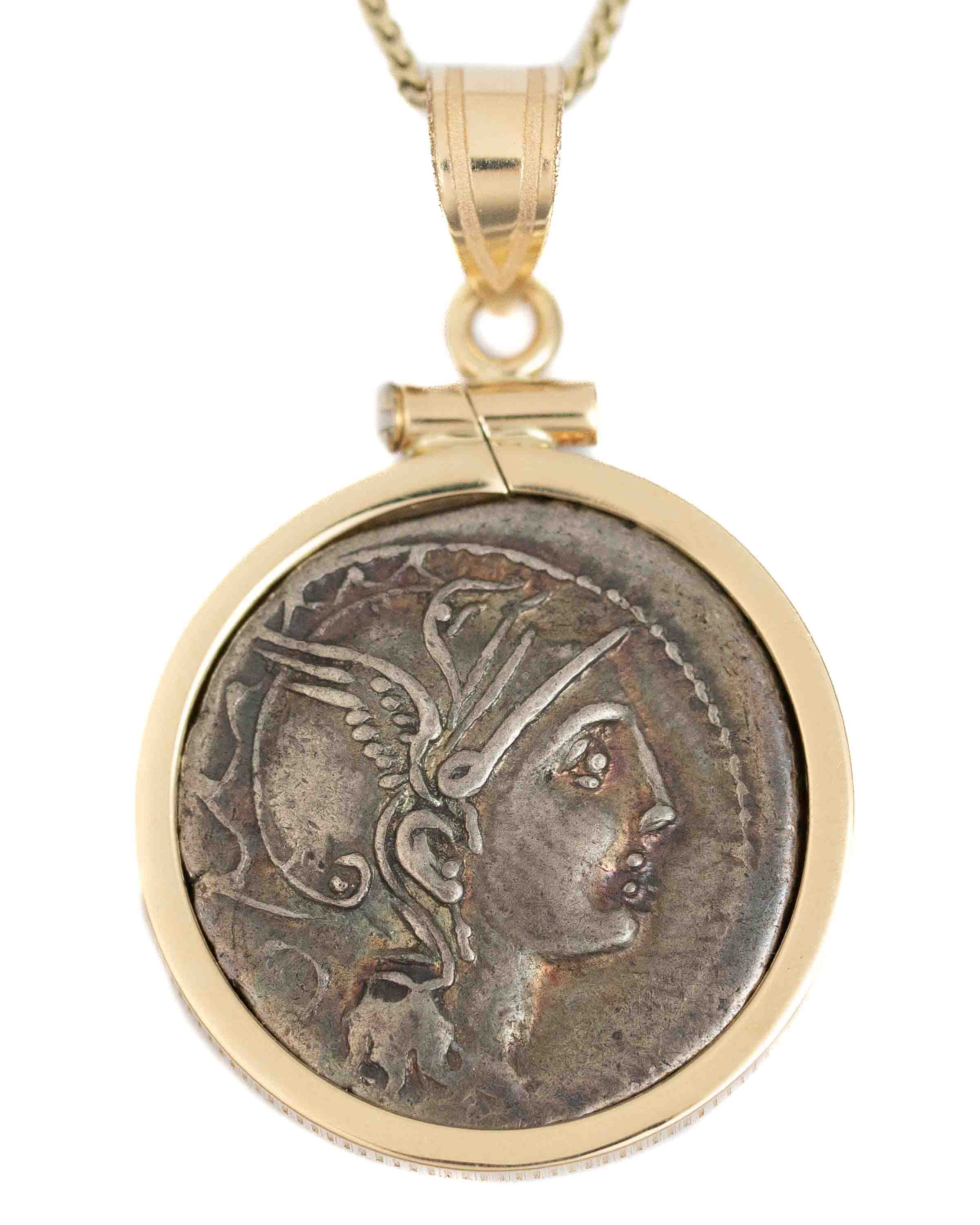 14k Gold Genuine Ancient Roman Coin Necklace (Roma; 111-110 B.C.)