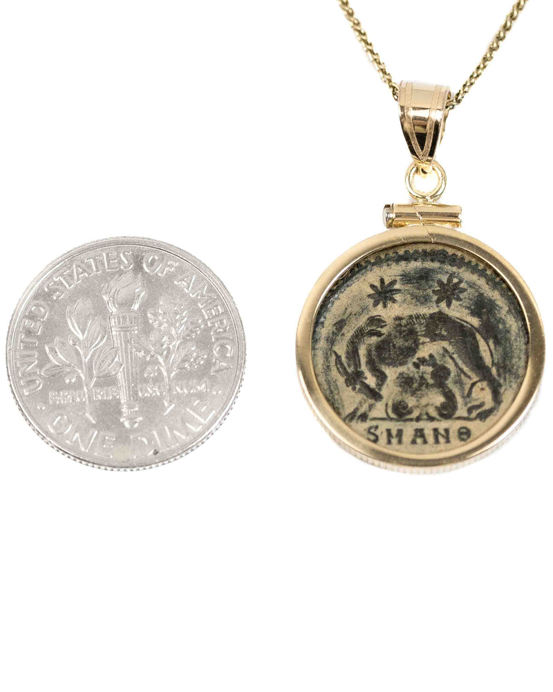 14k Gold Genuine Ancient Constantinople Commemorative Coin Necklace (Romulus & Remus; 310-337 A.D.)