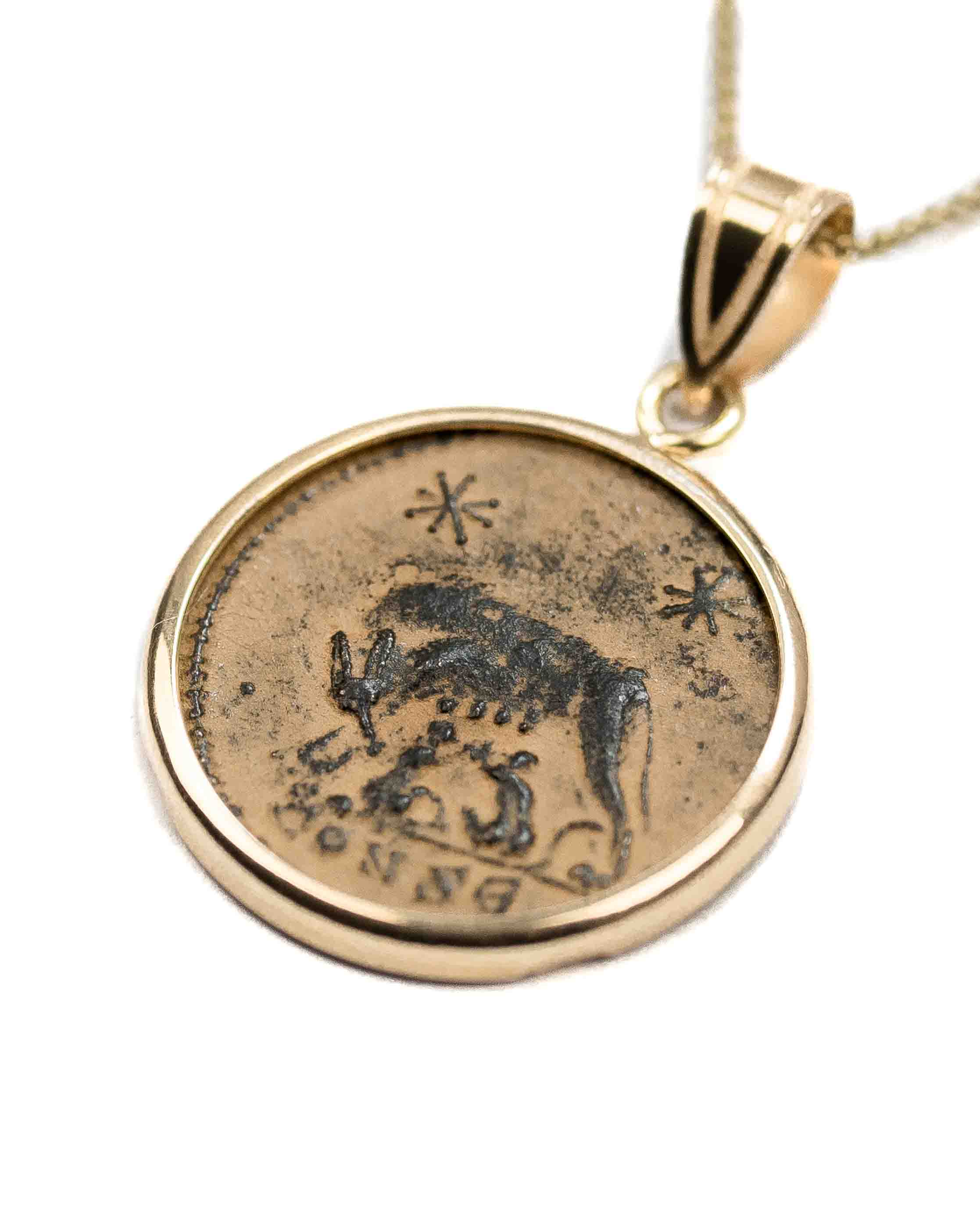 14k Gold Genuine Ancient Constantinople Commemorative Coin Necklace (Romulus & Remus; 300-354 A.D.)