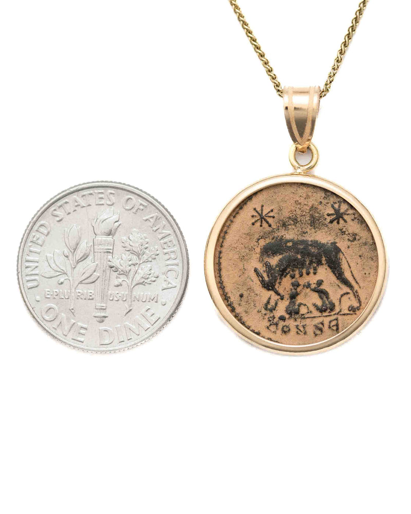 14k Gold Genuine Ancient Constantinople Commemorative Coin Necklace (Romulus & Remus; 300-354 A.D.)