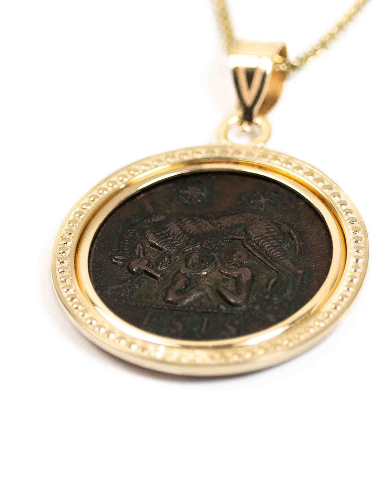 14k Gold Genuine Ancient Constantinople Commemorative Coin Necklace (Romulus & Remus; 330-354 A.D.)