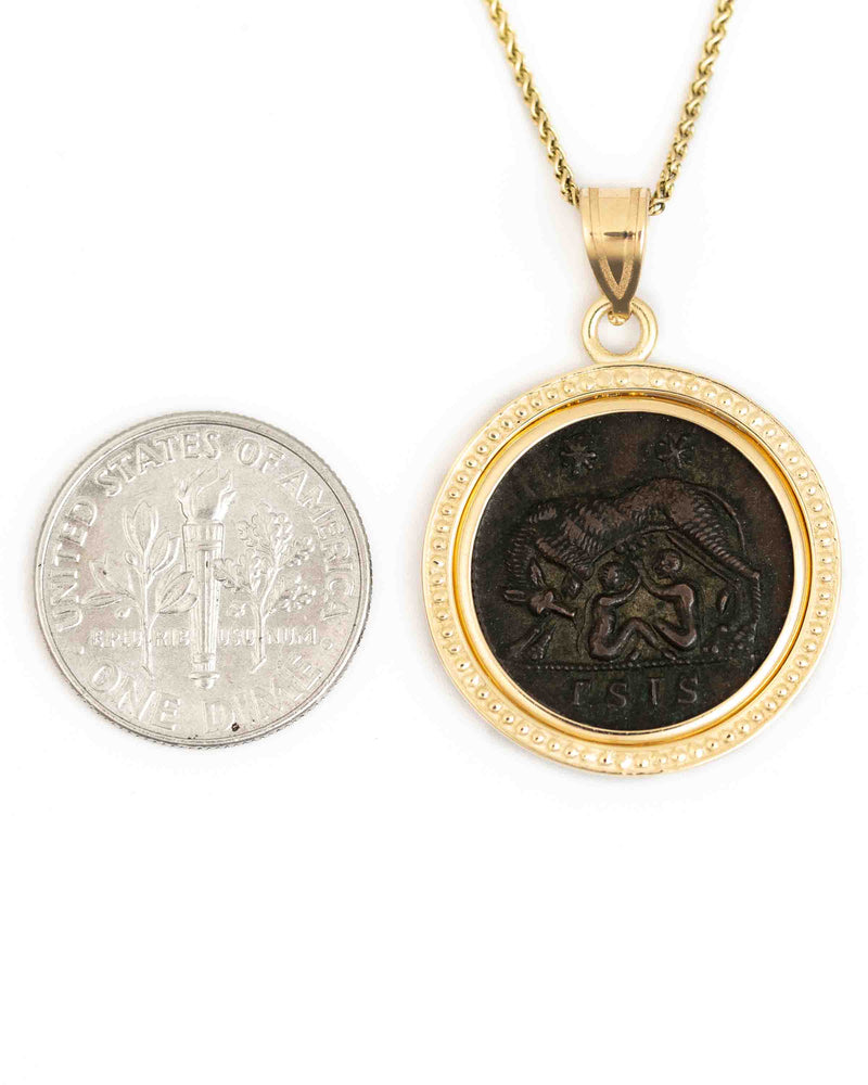 14k Gold Genuine Ancient Constantinople Commemorative Coin Necklace (Romulus & Remus; 330-354 A.D.)