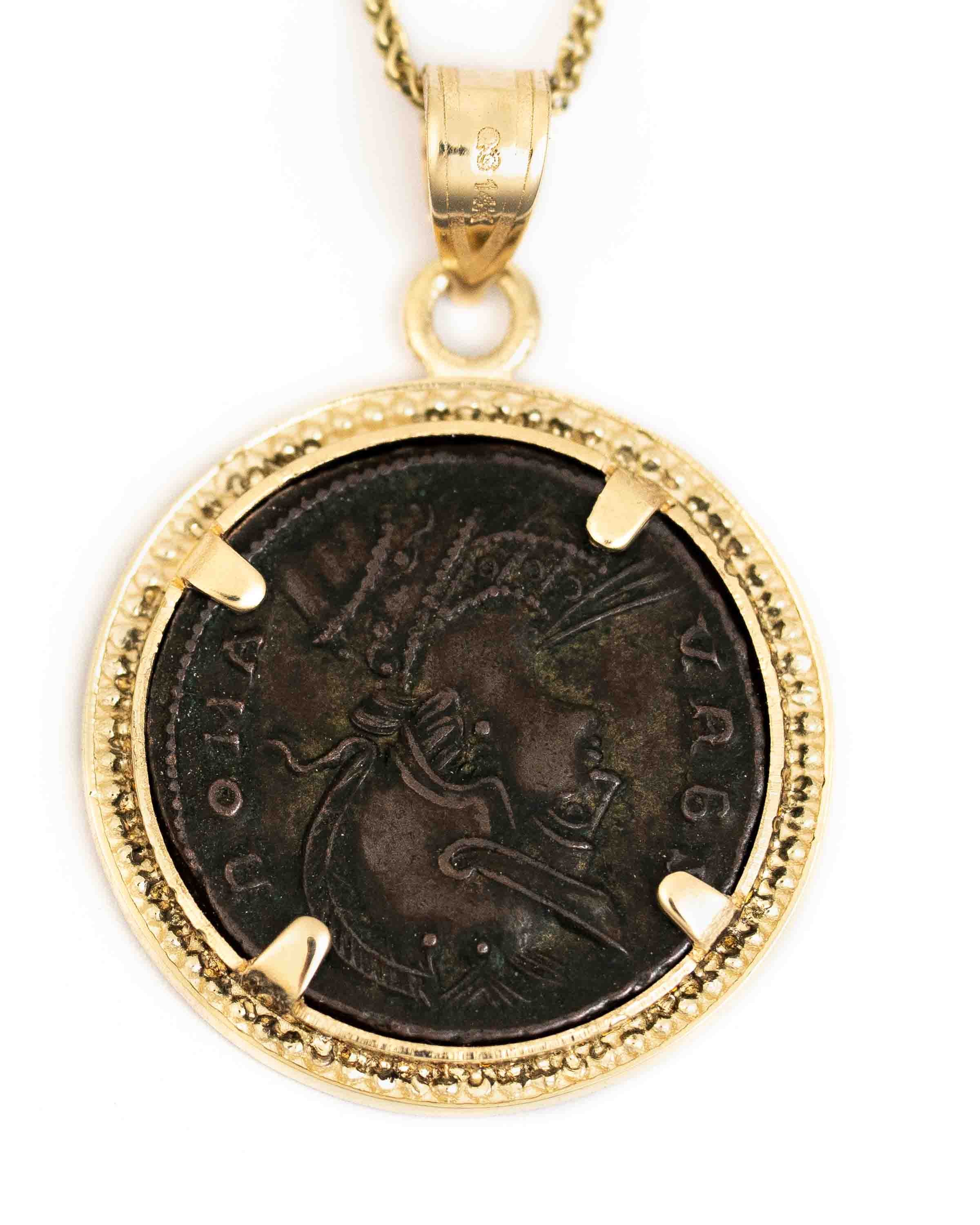 14k Gold Genuine Ancient Constantinople Commemorative Coin Necklace (Romulus & Remus; 330-354 A.D.)