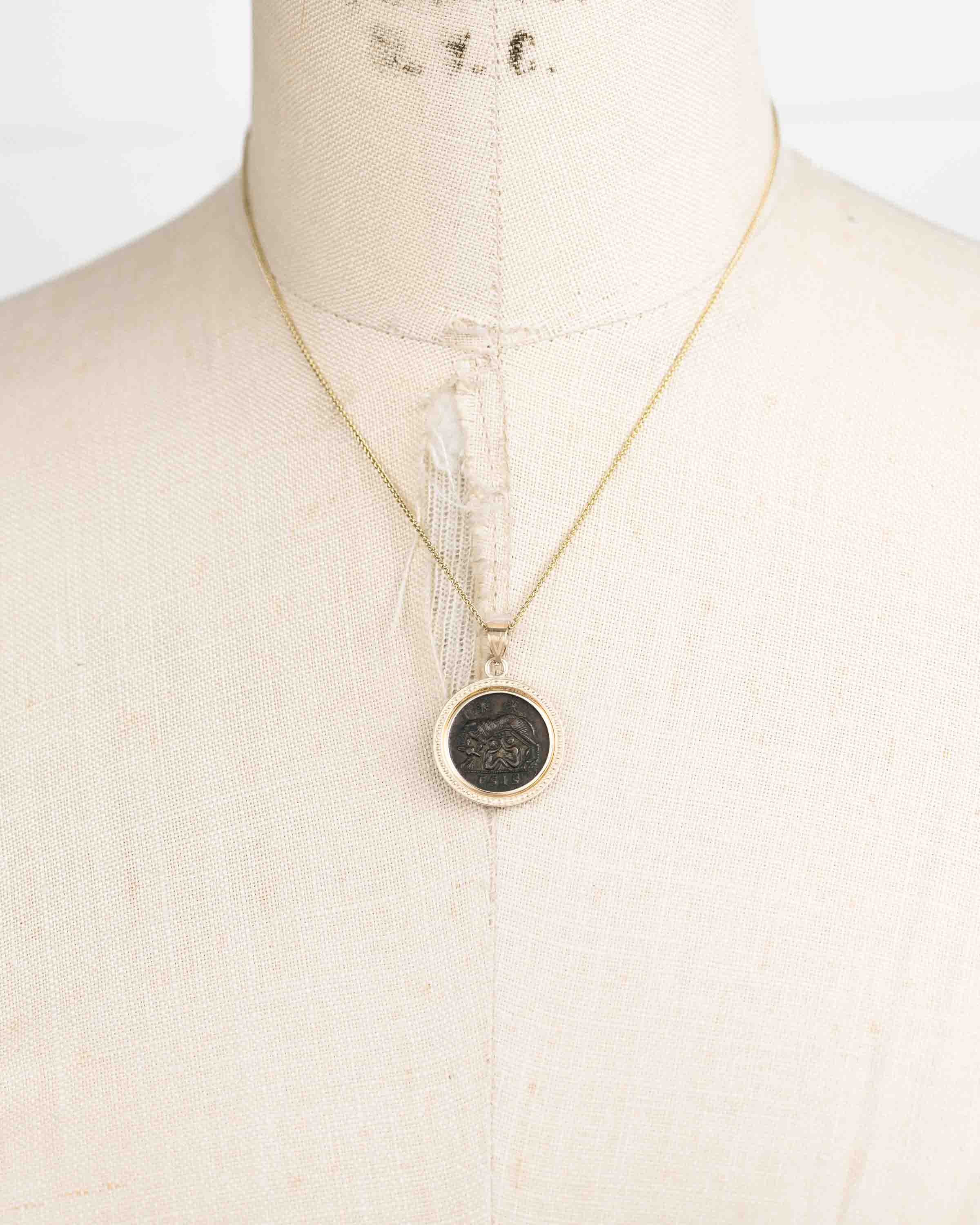 14k Gold Genuine Ancient Constantinople Commemorative Coin Necklace (Romulus & Remus; 330-354 A.D.)
