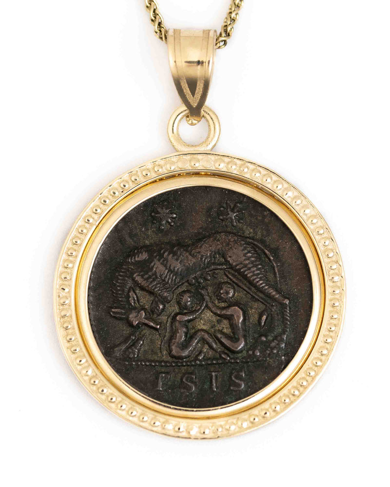 14k Gold Genuine Ancient Constantinople Commemorative Coin Necklace (Romulus & Remus; 330-354 A.D.)