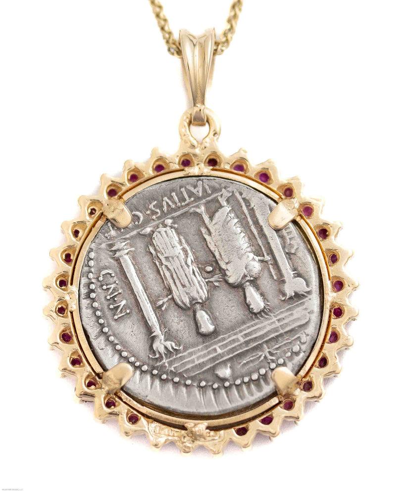 14k Gold & Ruby Genuine Ancient Roman Coin Necklace (Cupid; 76 B.C.)