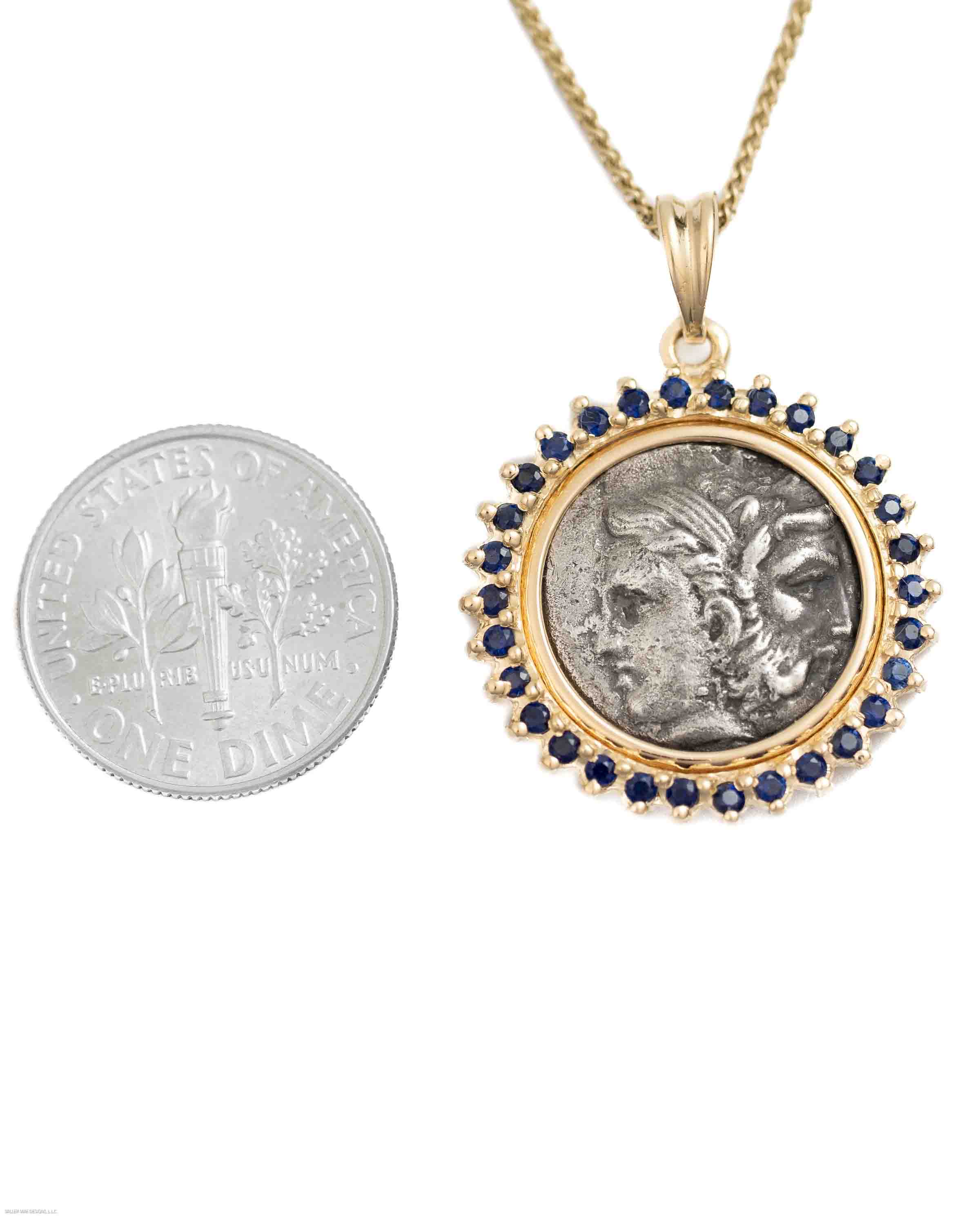 14k Gold & Sapphire Genuine Ancient Greek Coin Necklace (Zeus/Hera; 450-300 B.C.)