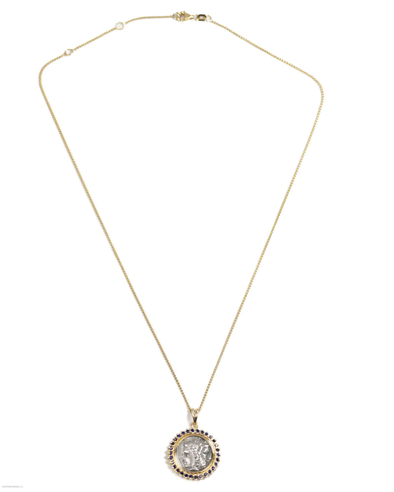 14k Gold & Sapphire Genuine Ancient Greek Coin Necklace (Zeus/Hera; 450-300 B.C.)
